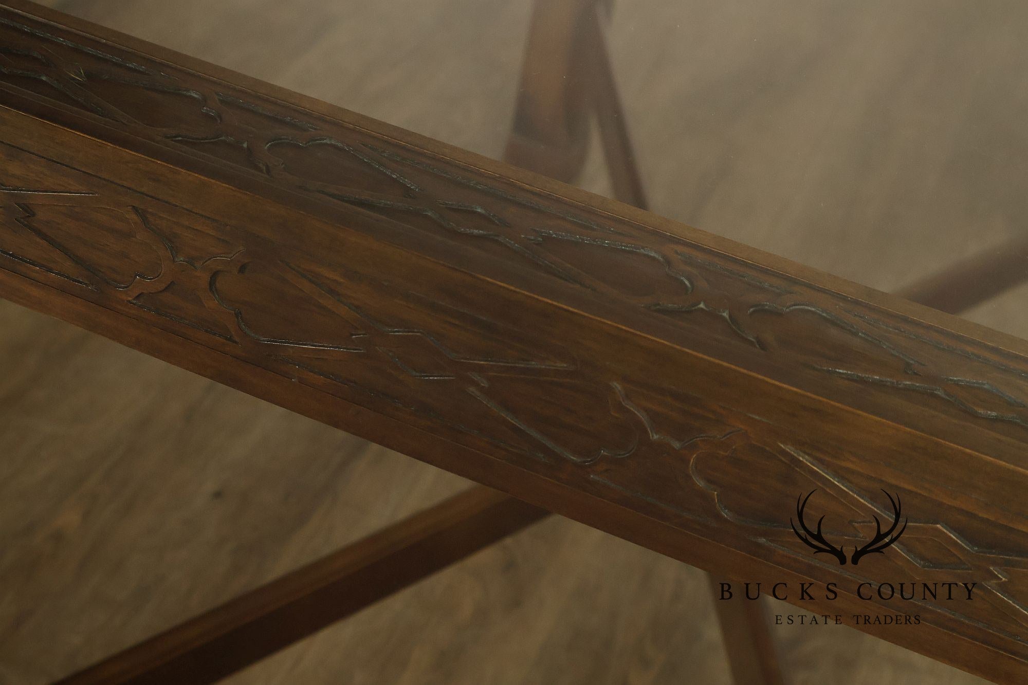 Chinese Chippendale Style Glass Top Mahogany Dining Table