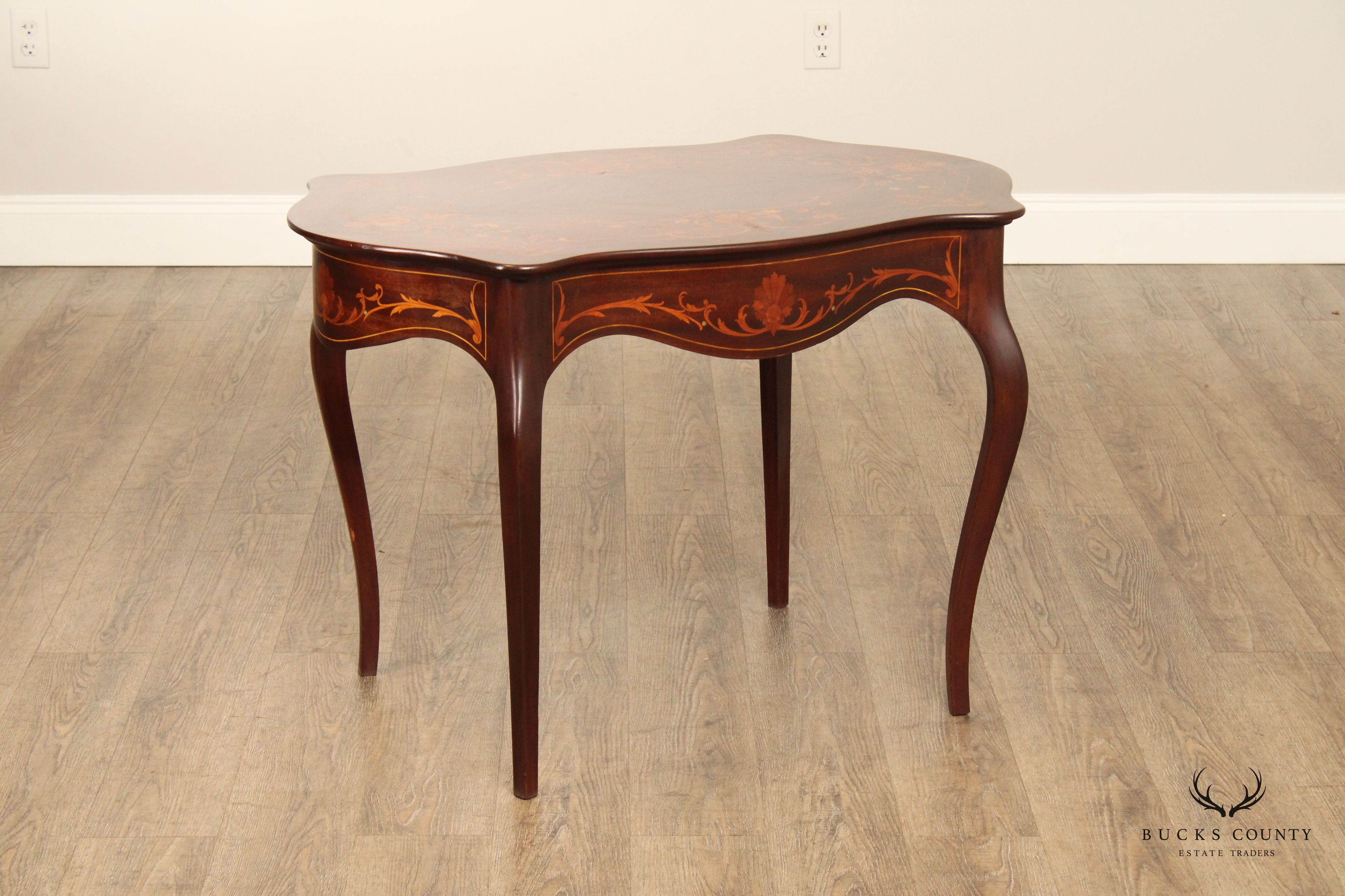 Antique Inlaid Mahogany Center Table With Floral Marquetry And Mother Of Pearl Accents