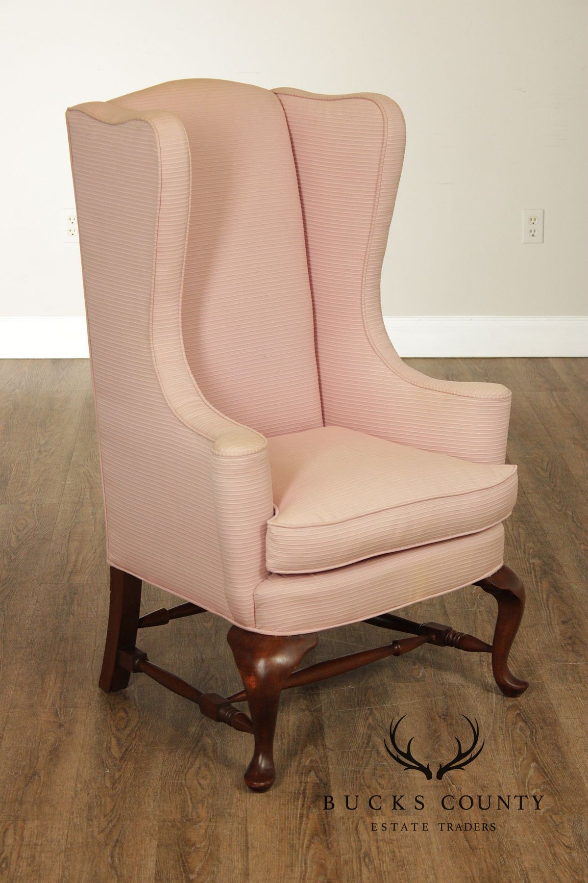 Custom Quality Vintage Pink Upholstered Wingback Chair With Cabriole Legs