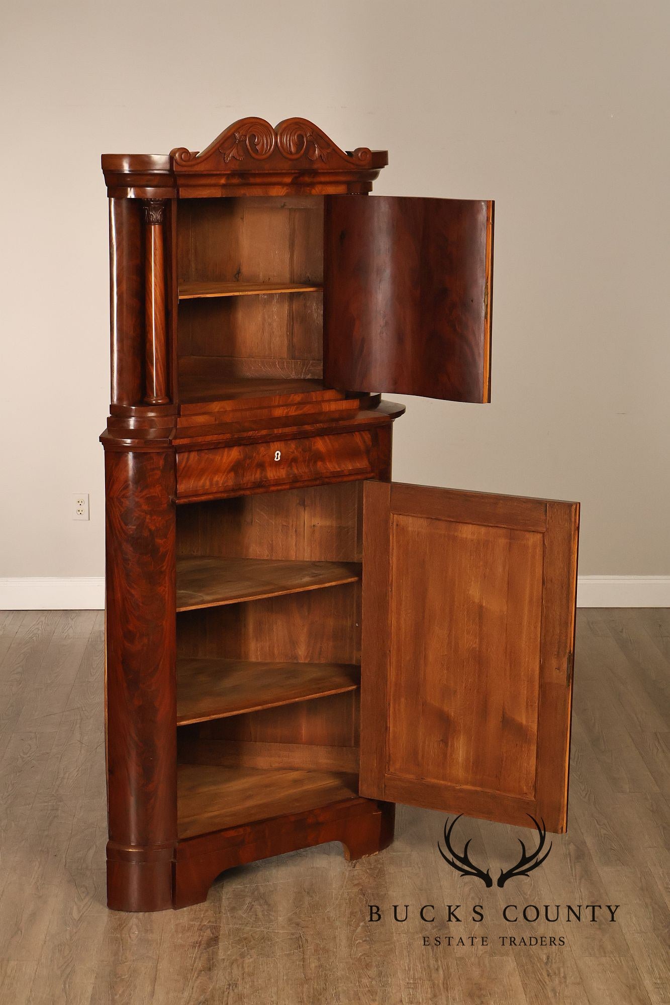 Antique Mahogany Biedermeier Two Piece Corner Cabinet