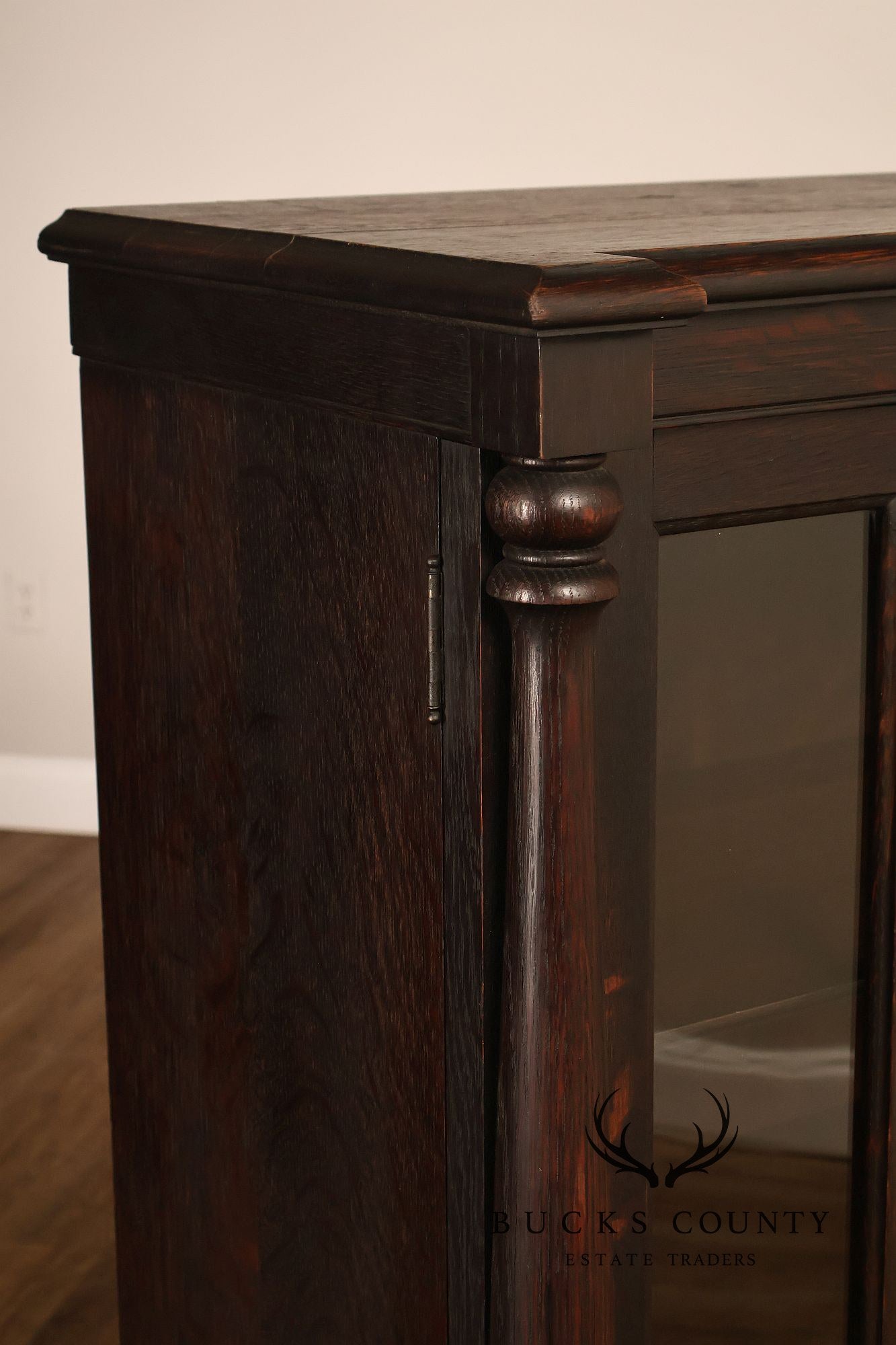 Antique Carved Oak Glass Door Triple Bookcase