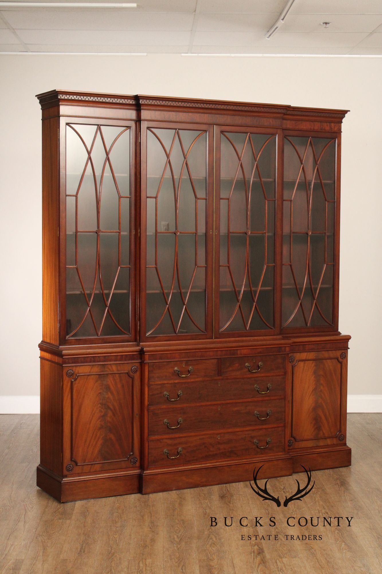 Regency Style Mahogany Breakfront Bookcase Cabinet