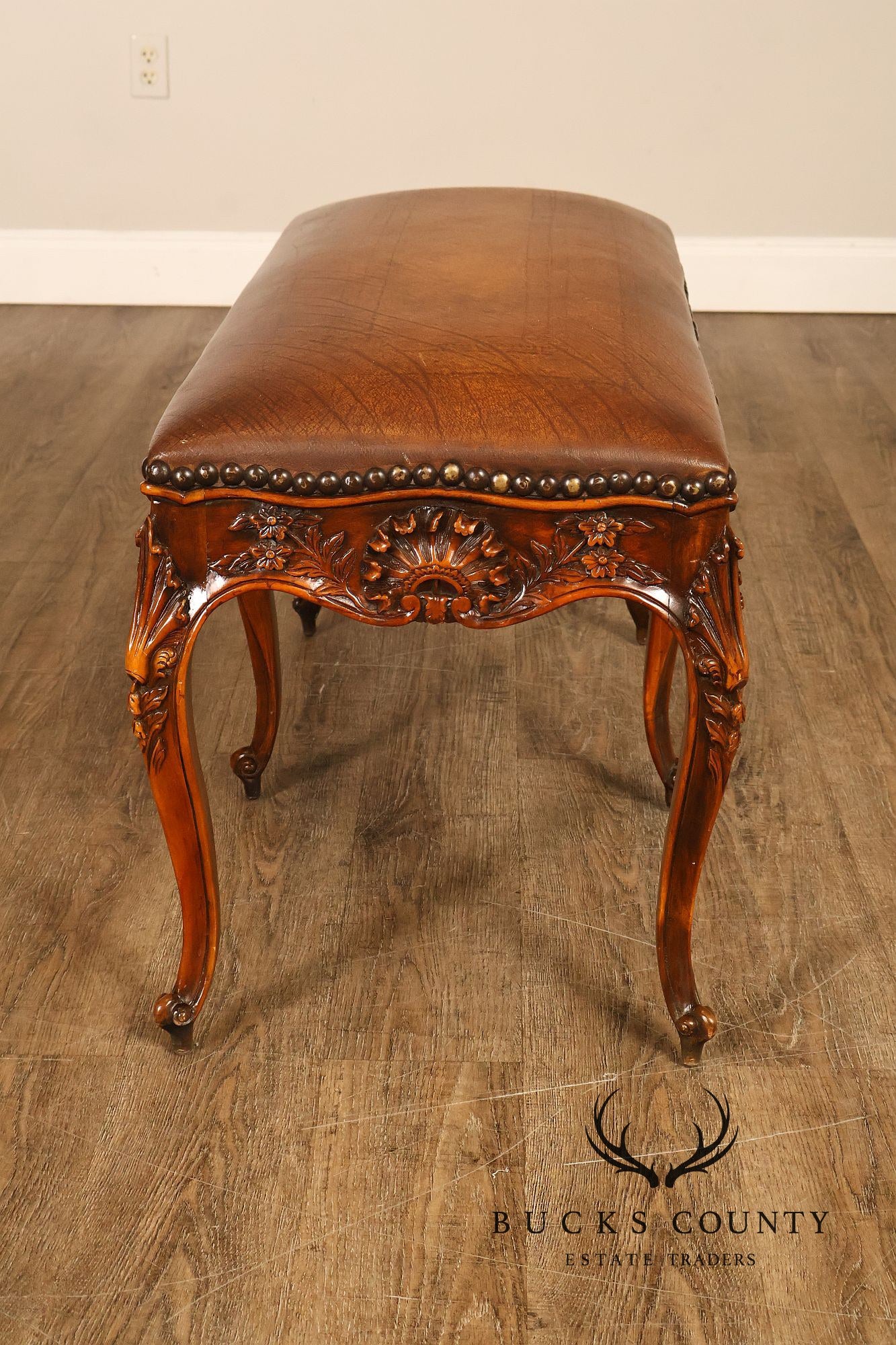 Rococo Style Leather Upholstered Carved Mahogany Window Bench