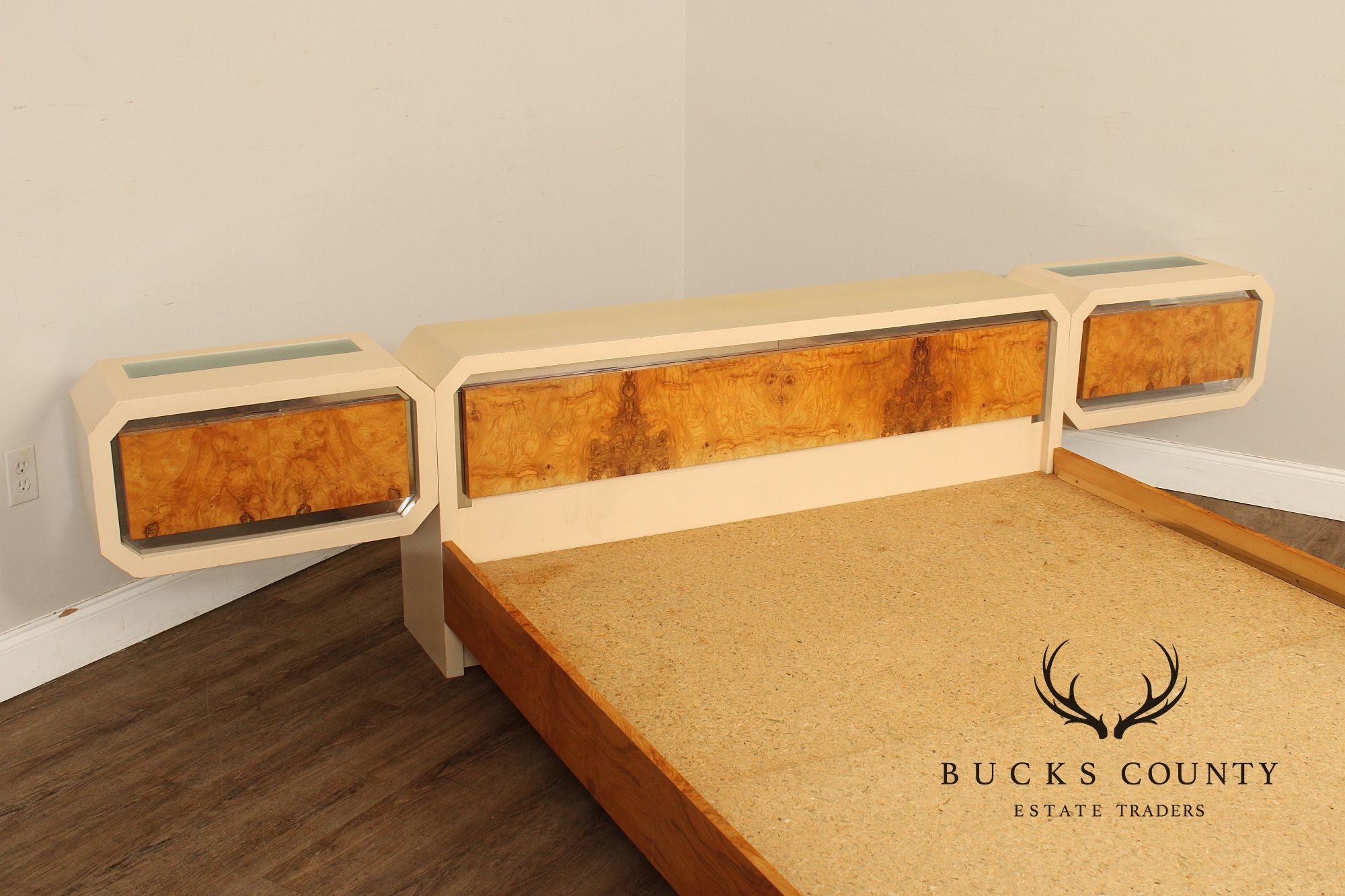 Pace Collection Mid Century Modern Burlwood Queen Size Platform Bed With Floating Headboard And Nightstands