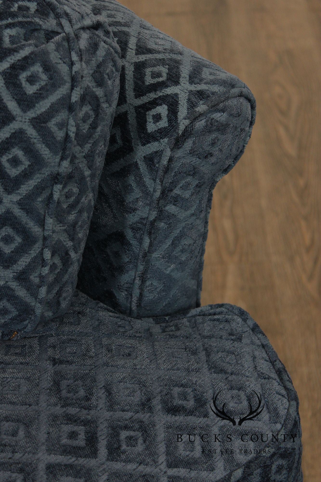 Custom Upholstered Blue Diamond Pattern Curved Loveseat