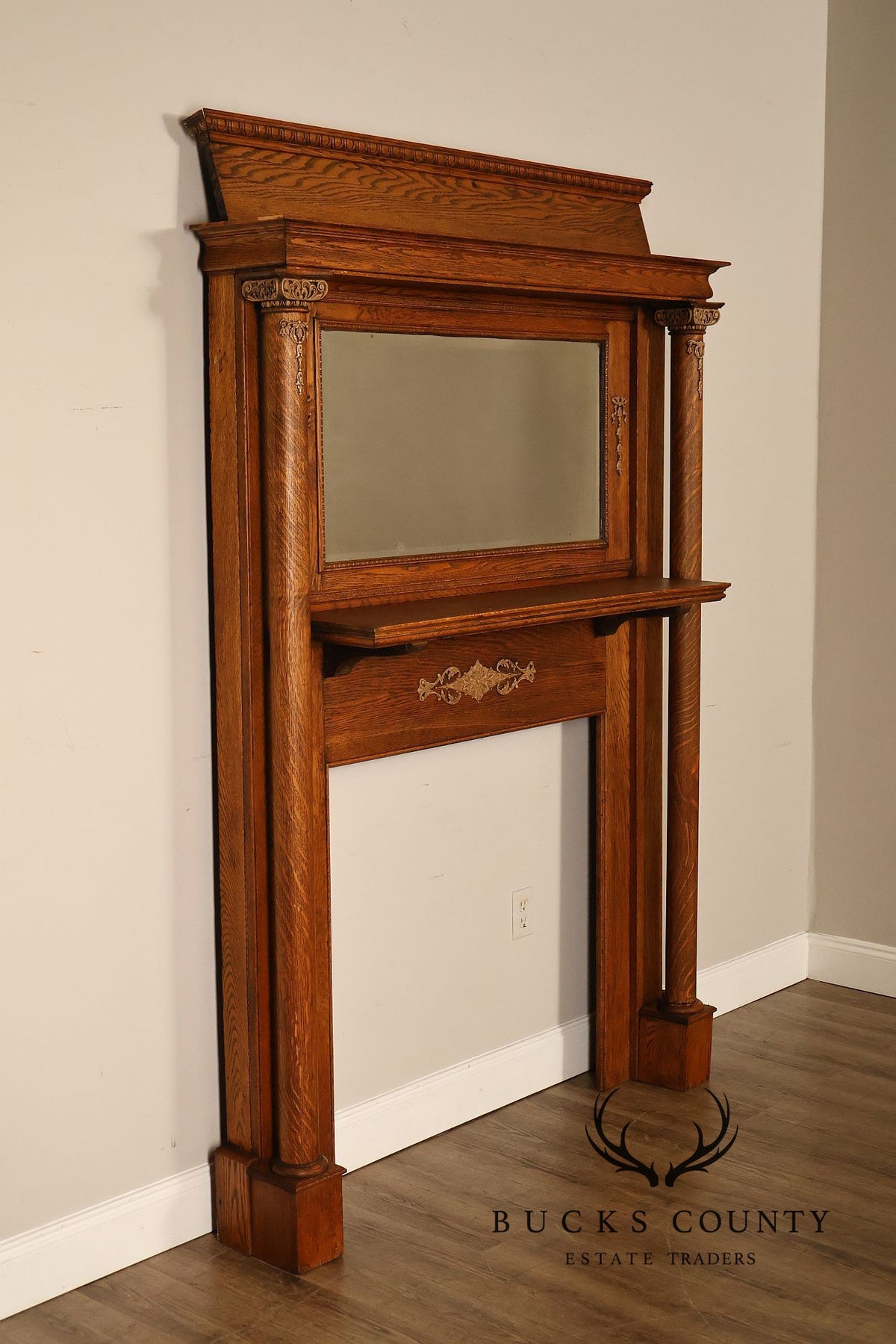 Antique C.B. Atkin Company Victorian Oak Mirrored Fireplace Mantel