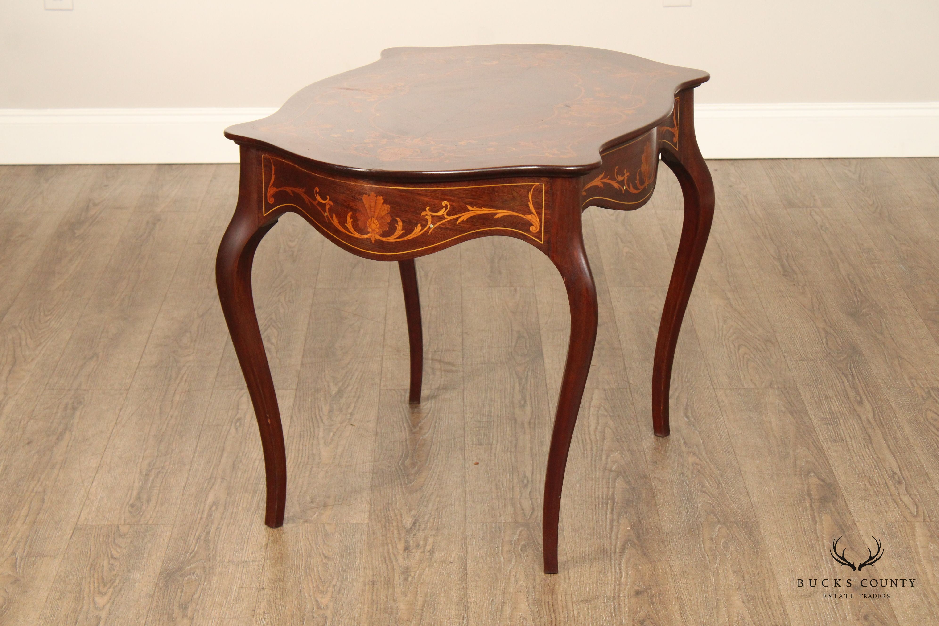 Antique Inlaid Mahogany Center Table With Floral Marquetry And Mother Of Pearl Accents