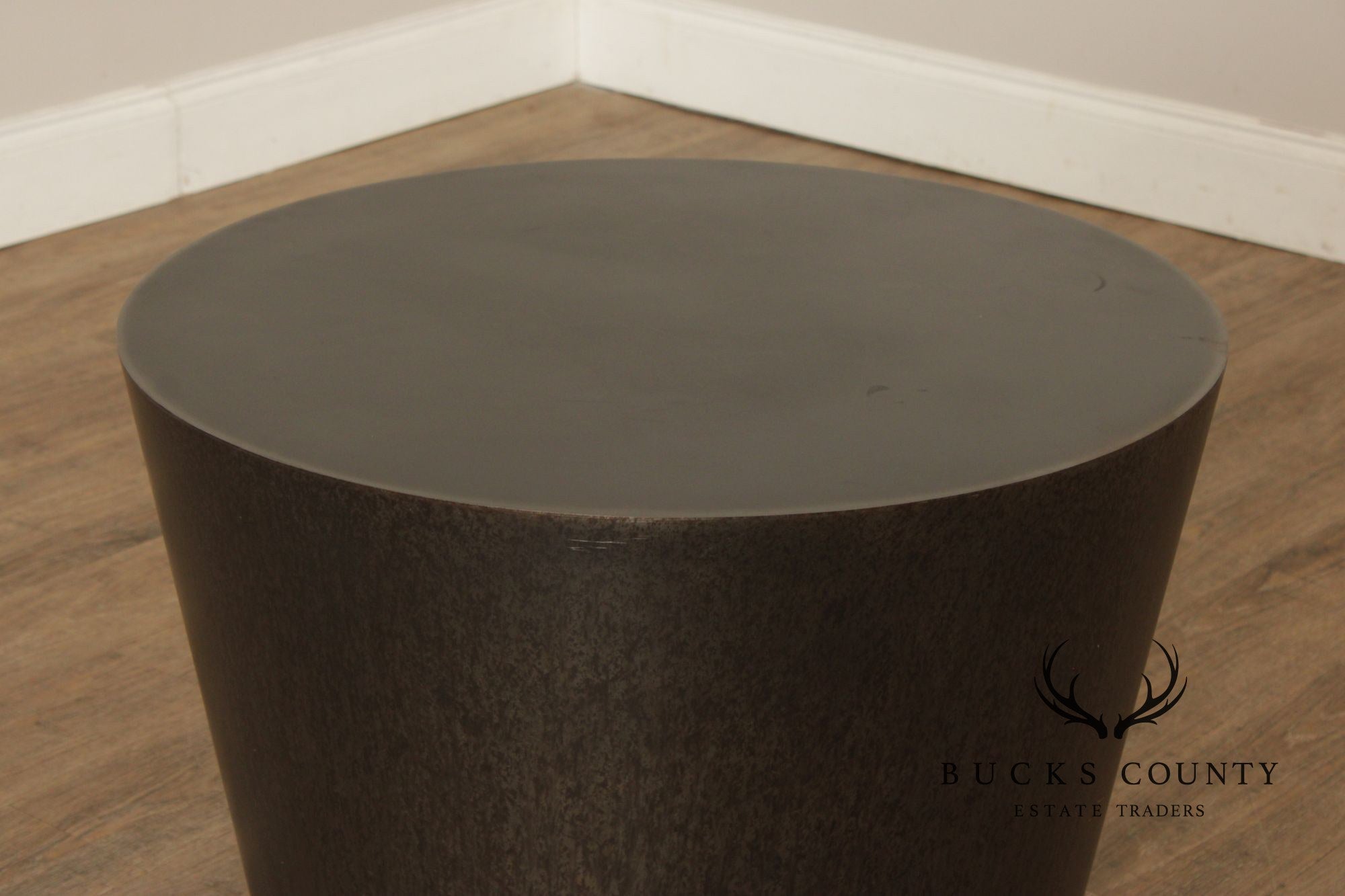 Modern Pair of Patinated Steel Round Drum Side Tables