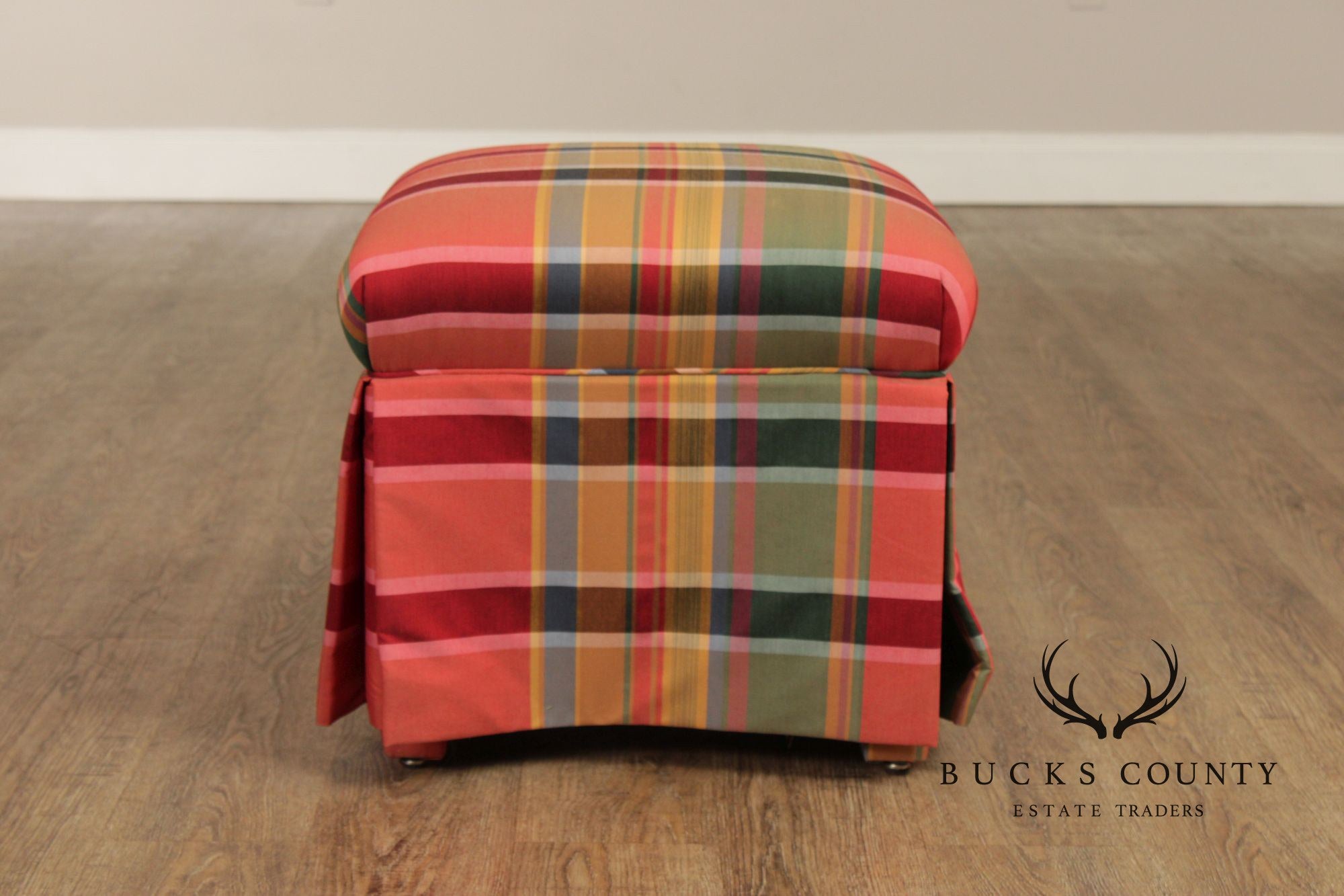 'A Colony Original' Pair Of Upholstered Plaid Skirted Ottomans
