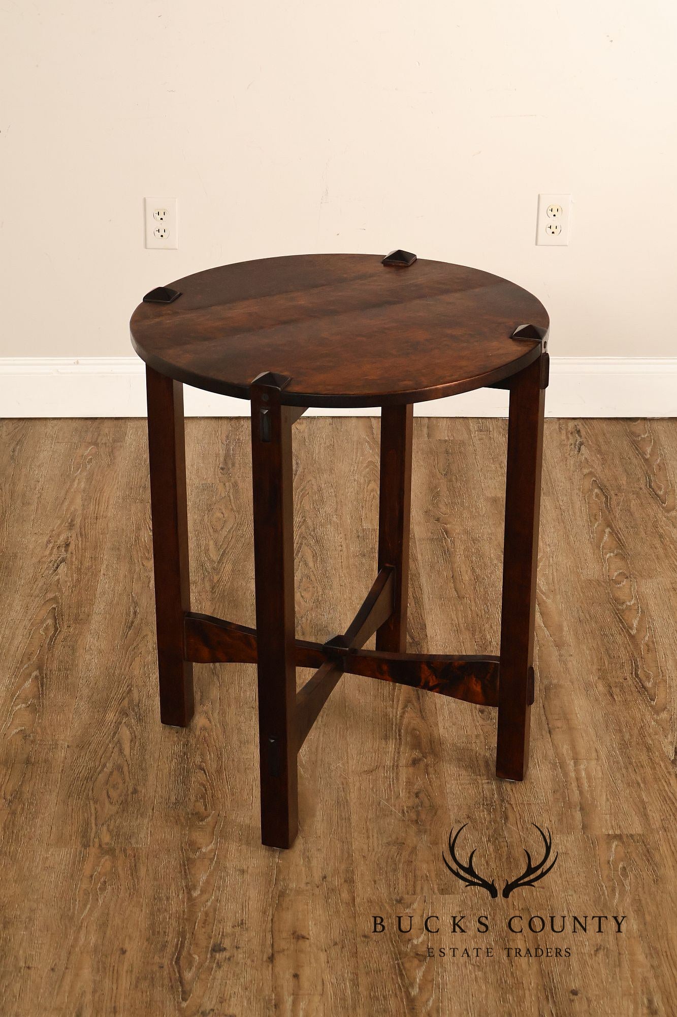 Studio Arts And Crafts Style Round Accent Table With Burl Wood Top