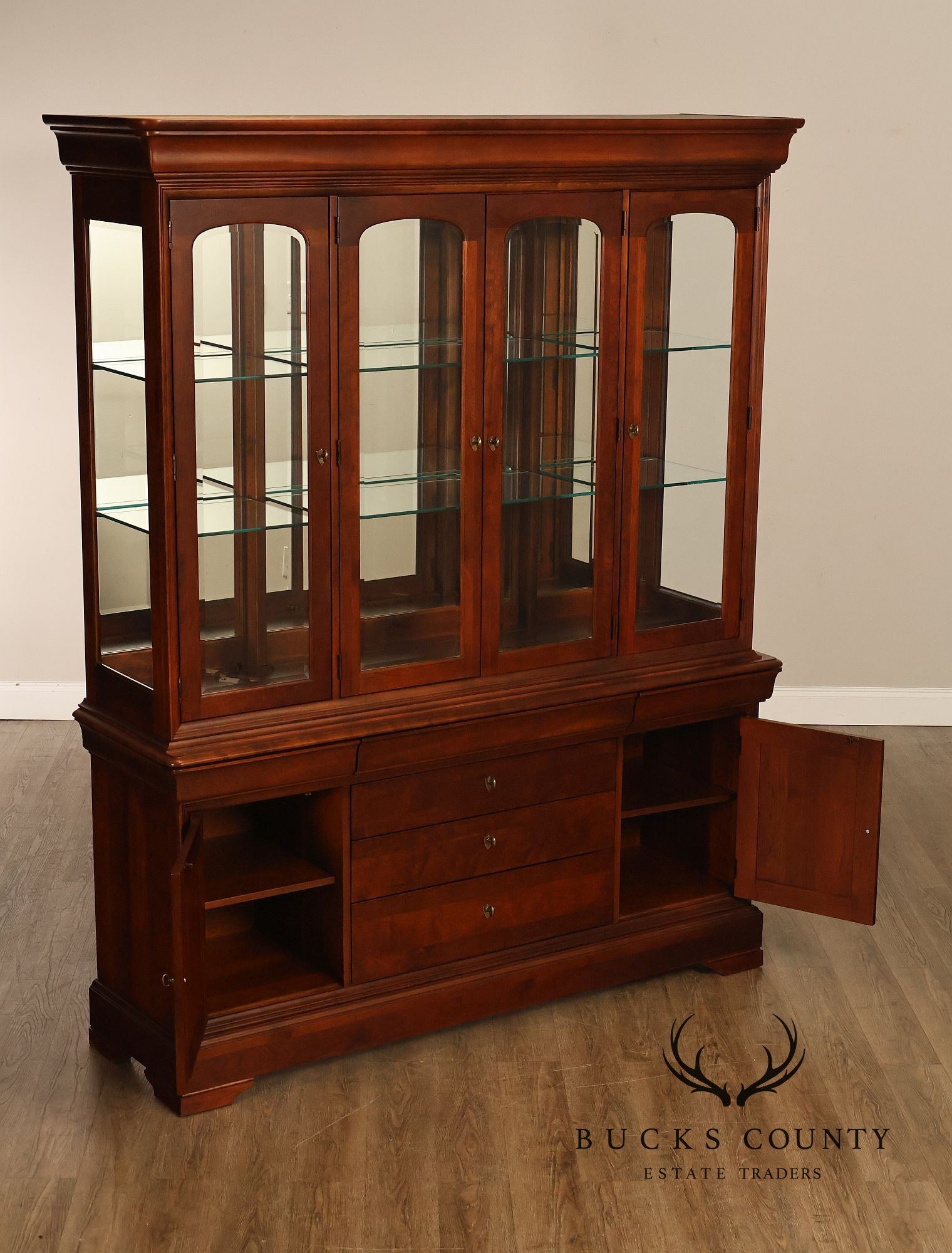 Pennsylvania House Louis Philippe Style Cherry Breakfront Lighted China Cabinet