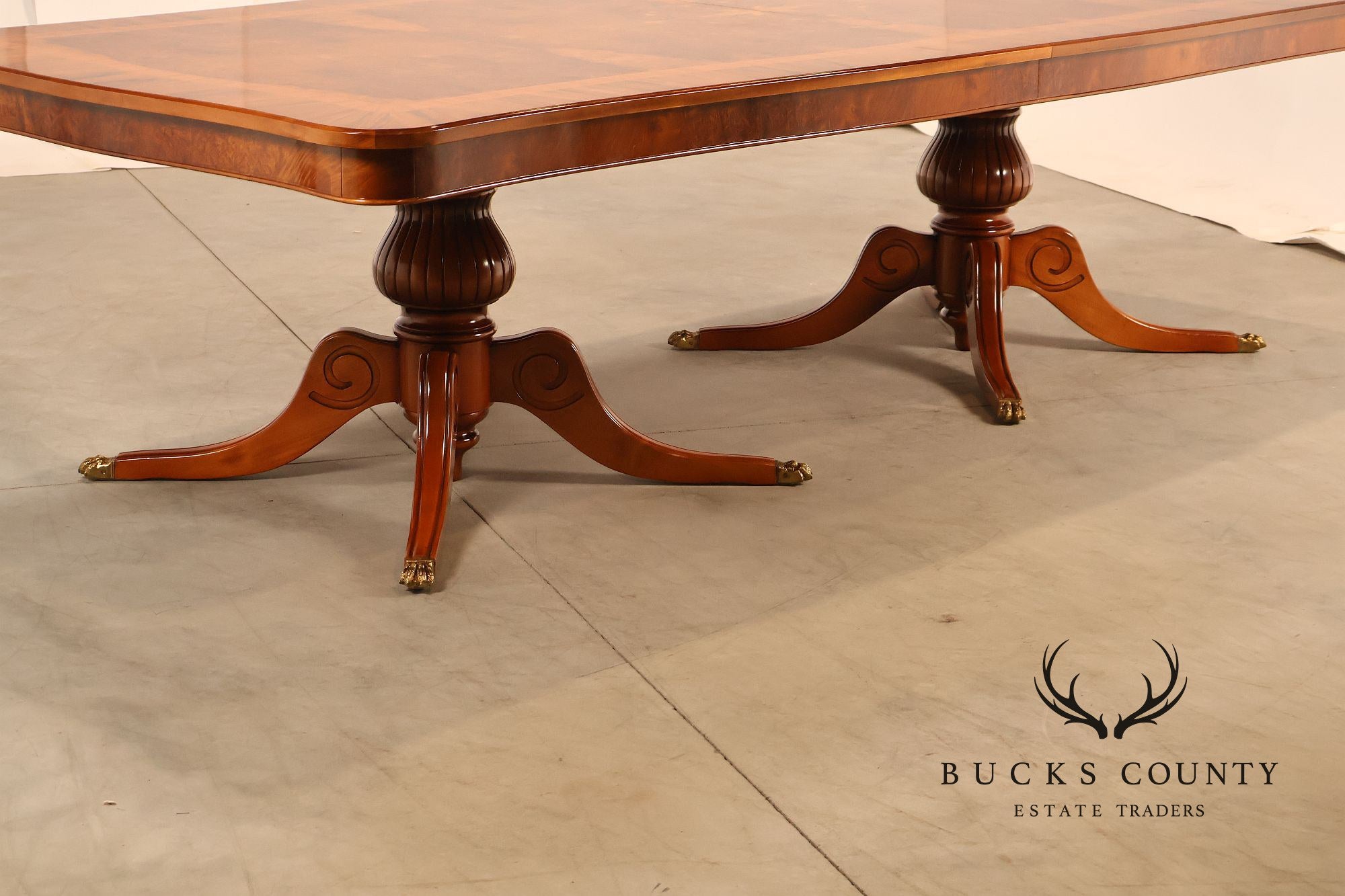 Exceptional Italian Burlwood Inlaid Double Pedestal Extendable Dining Table