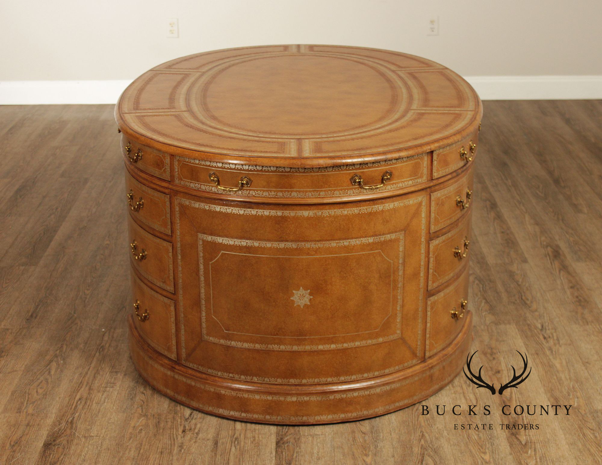 Maitland Smith Leather Wrapped Oval Executive Partners Desk