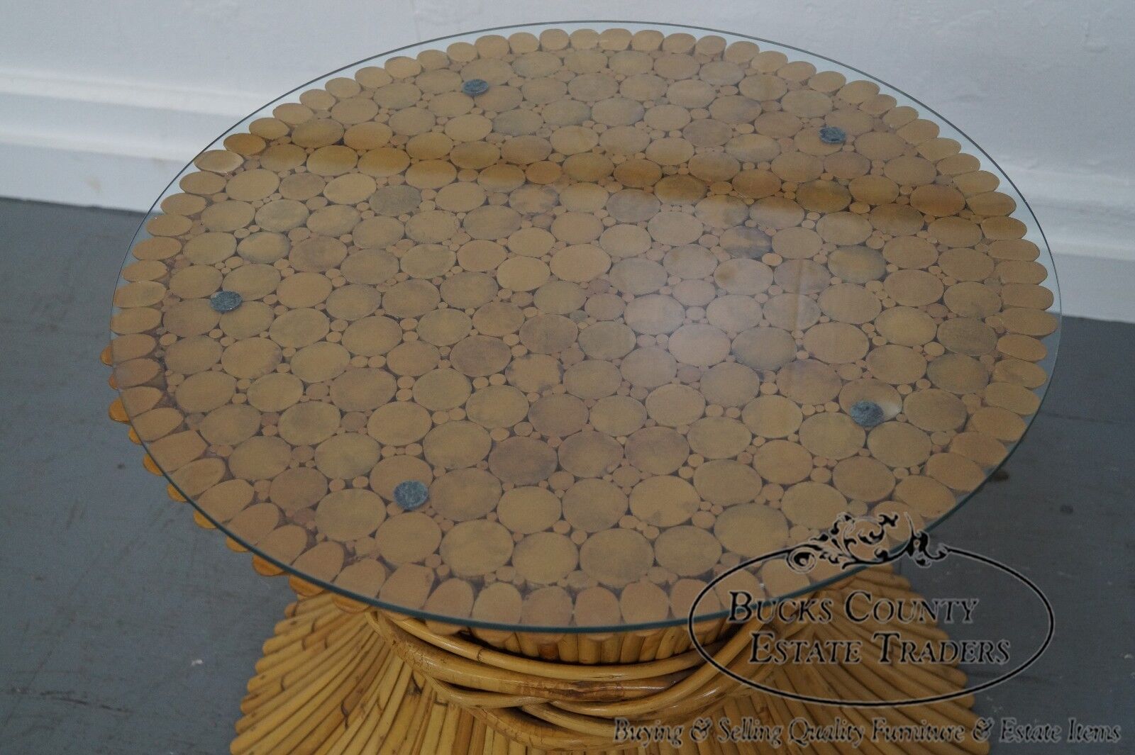 McGuire Sheaf of Wheat Bamboo Rattan Round Glass Top Coffee Table