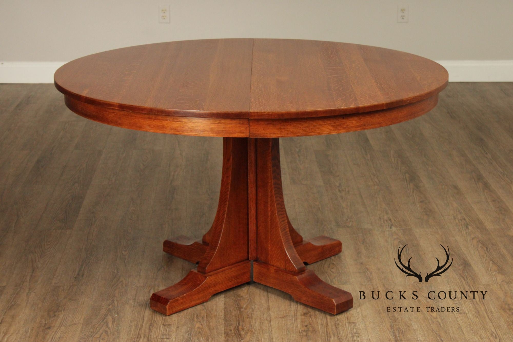 Stickley Mission Collection Round Oak Pedestal Expandable Dining Table
