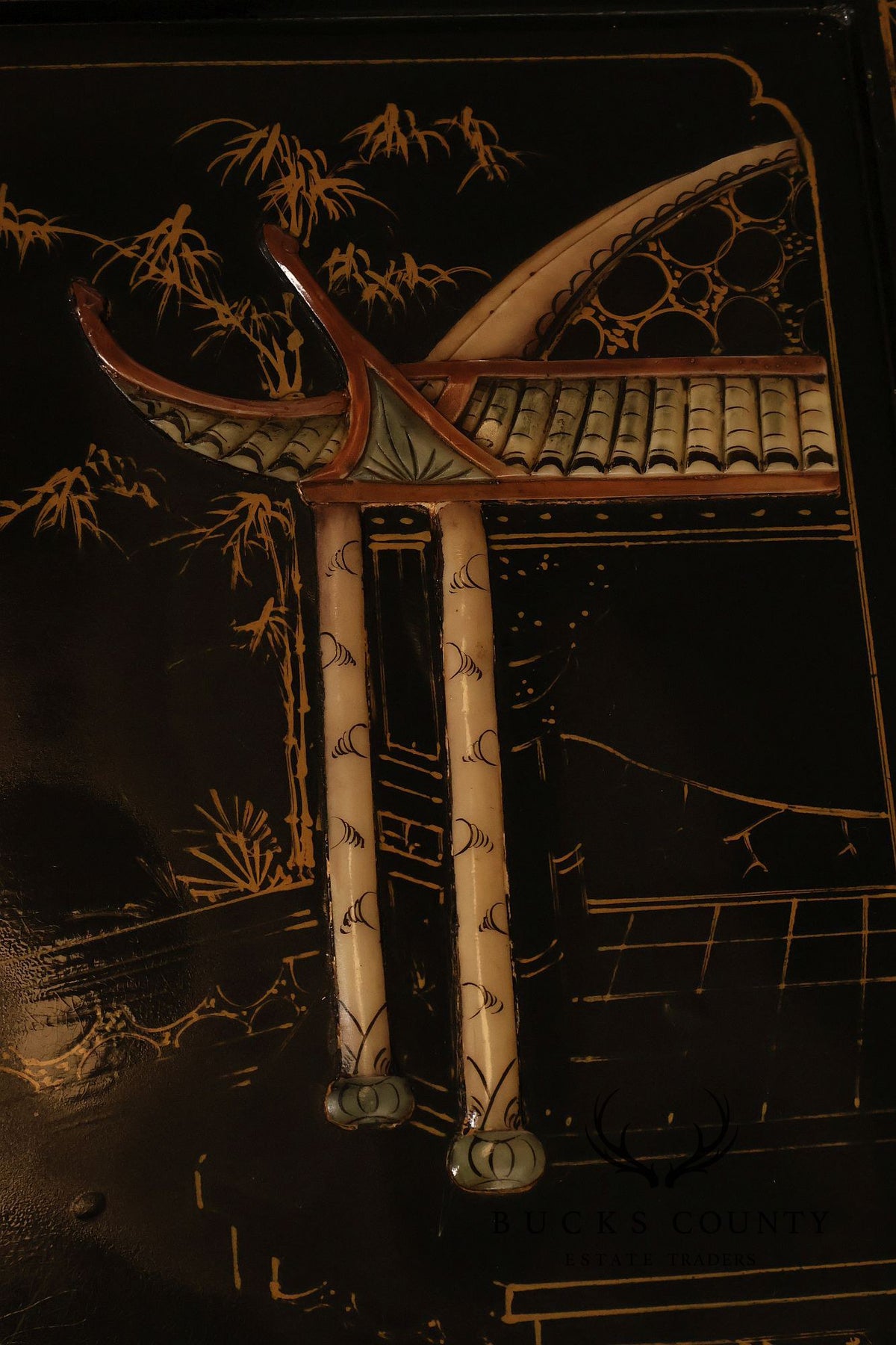 Asian Inspired Black Lacquer Coffee Table With Figural Inlay