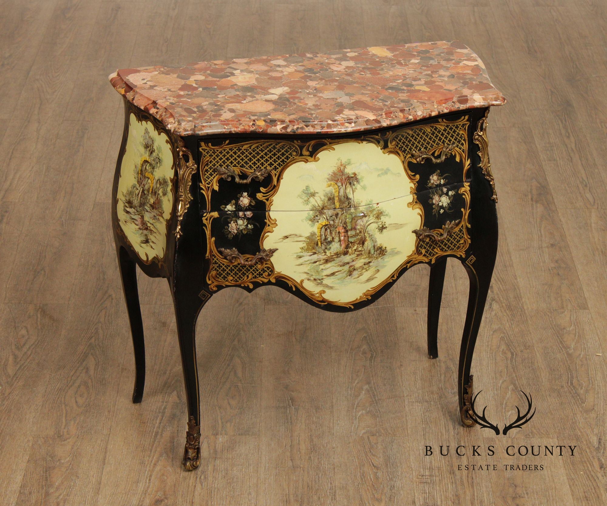 Louis XV Style Hand Painted Marble Top Bombe Commode