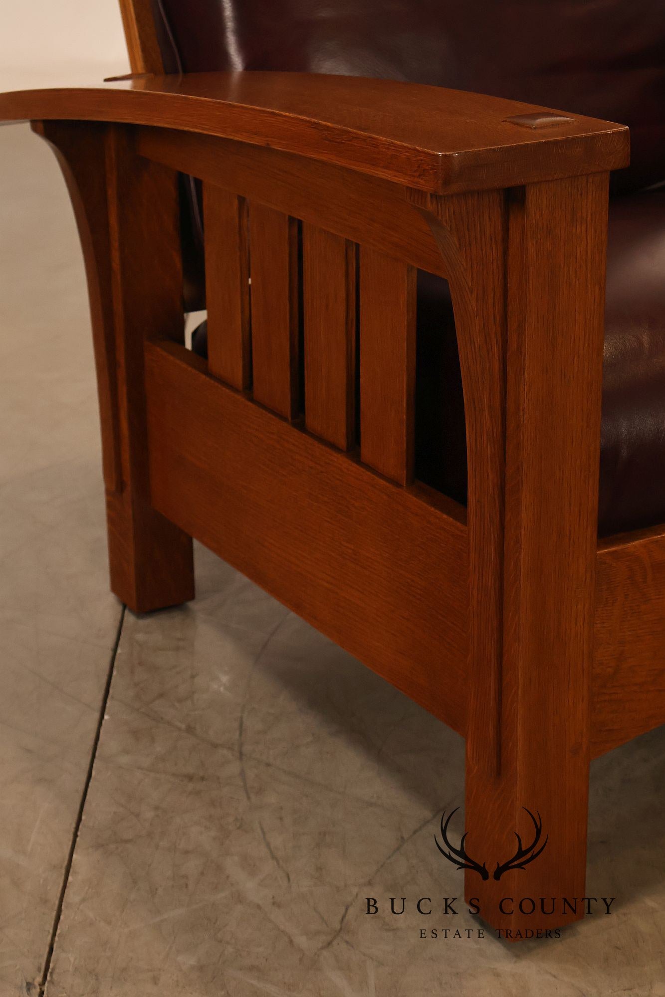 Stickley Mission Collection Pair Of Oak & Leather Bow Arm Morris Chairs