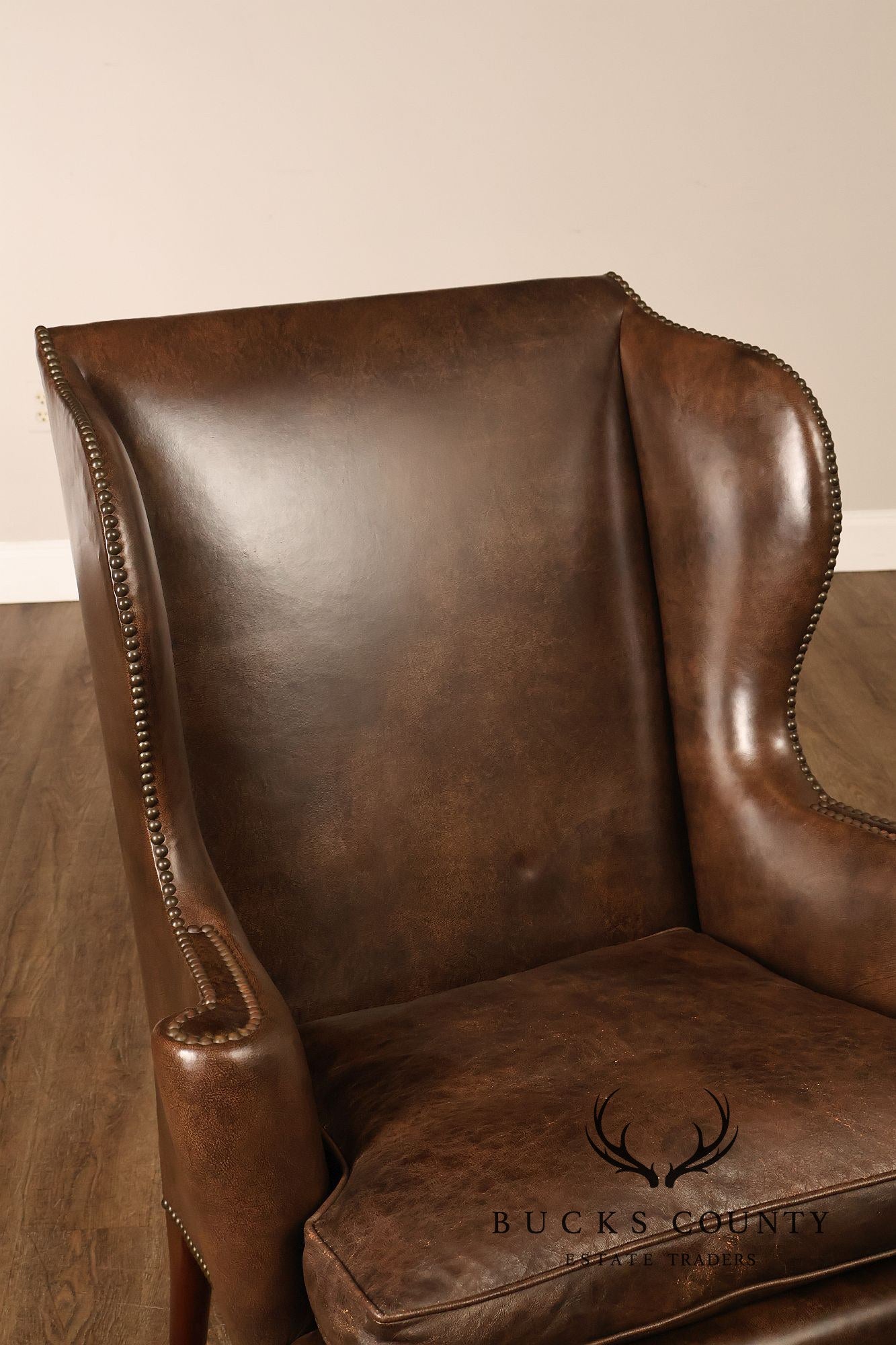 Kittinger Colonial Williamsburg Chippendale Style Pair Leather Wing Chairs