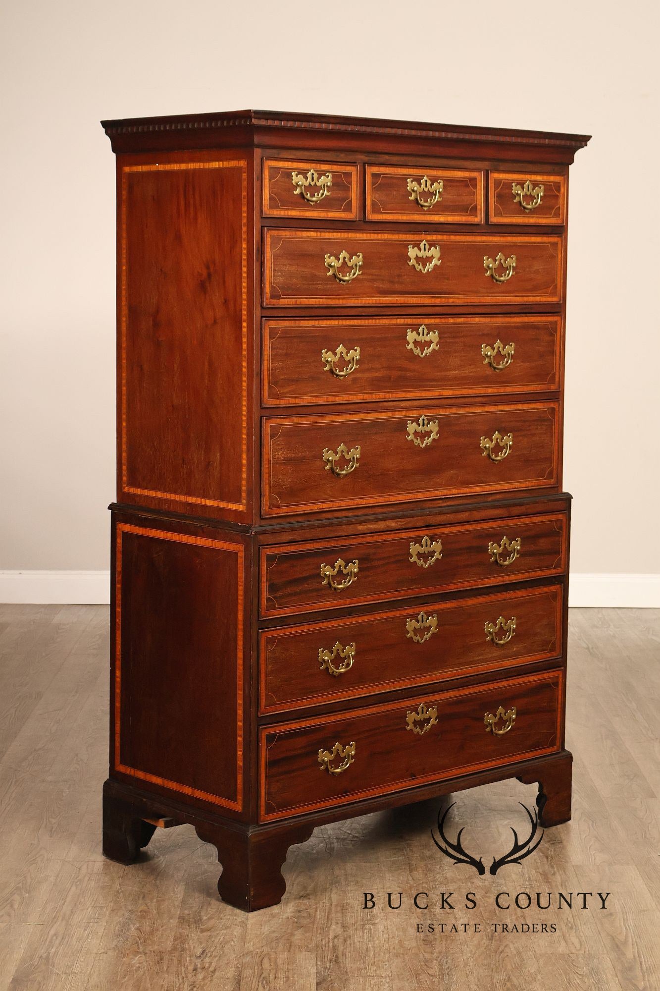 Antique Georgian Style Inlaid Mahogany Chest On Chest