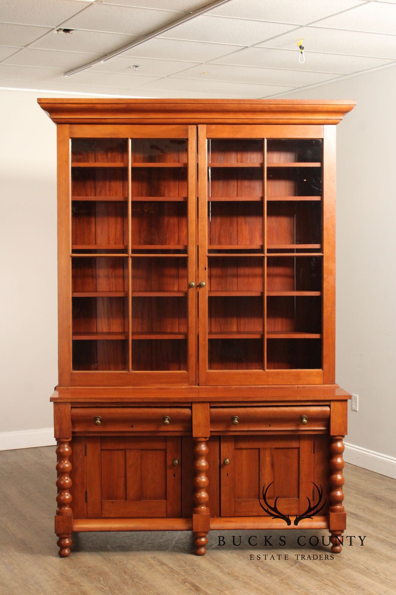 Antique American Empire Large Cherry Stepback Bookcase