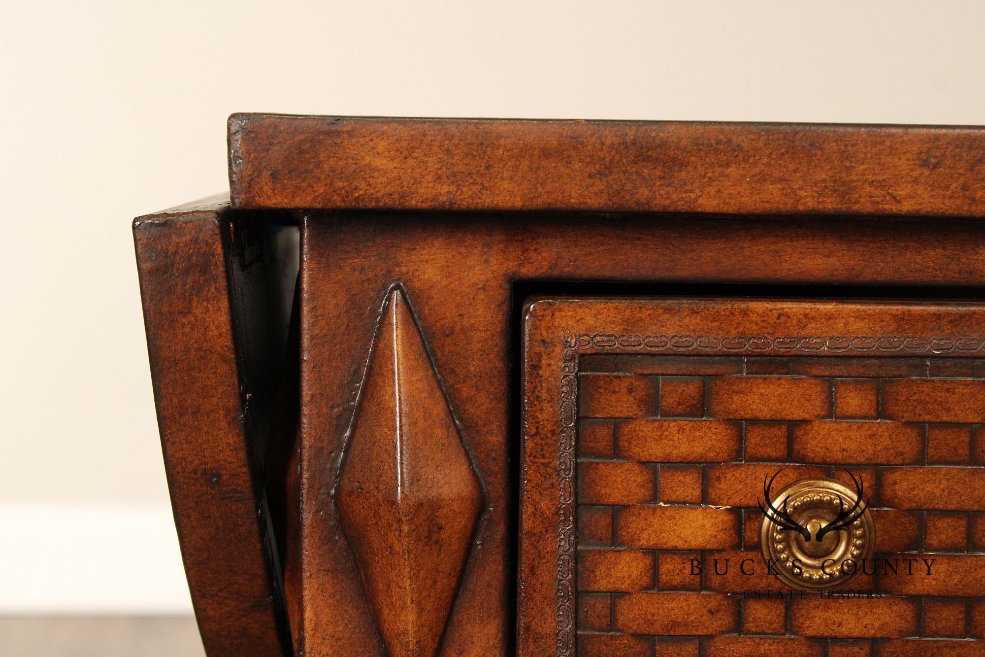 Neoclassical Style Leather Wrapped Drop-Leaf Side Table