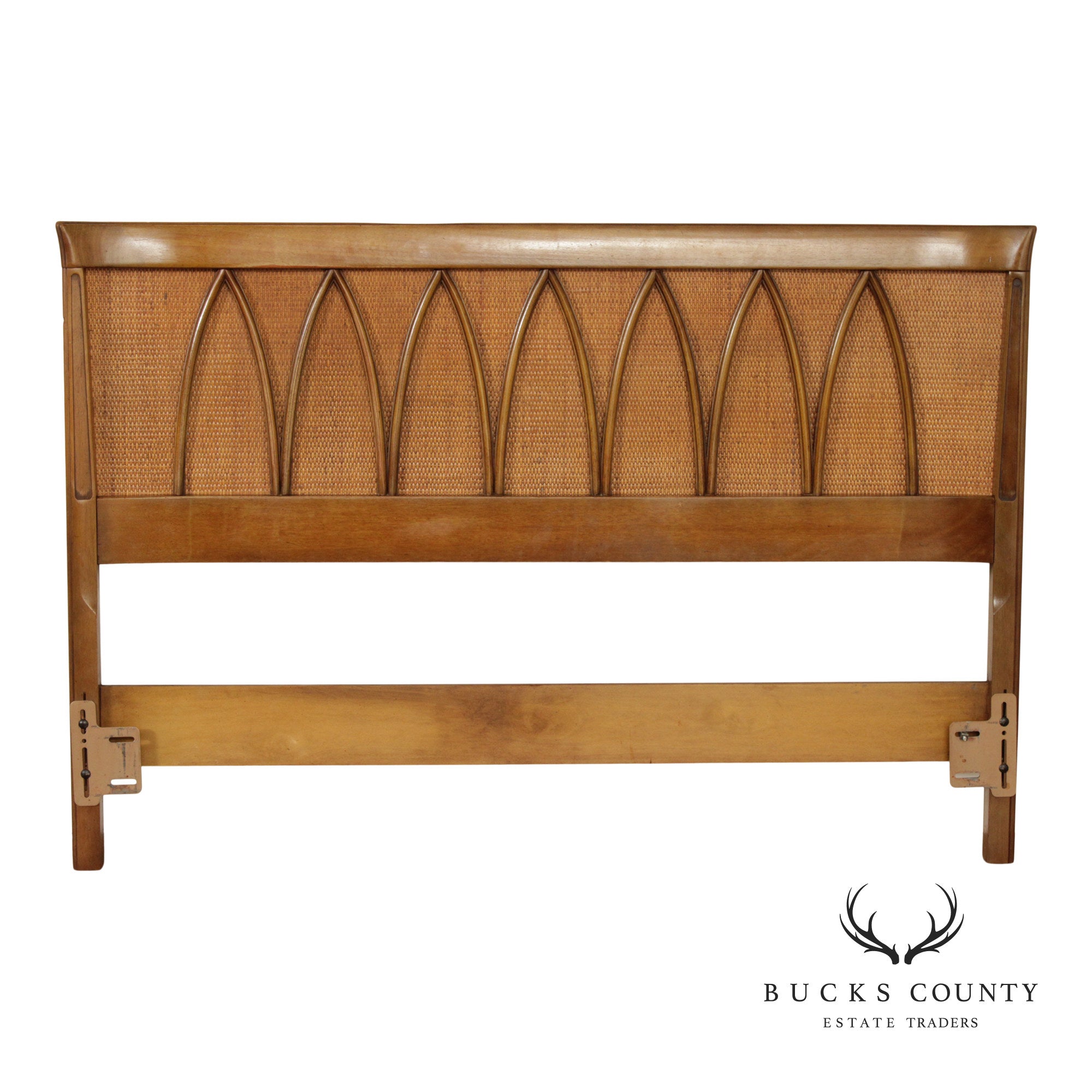Mid Century Modern Walnut and Rattan Full-Size Headboard