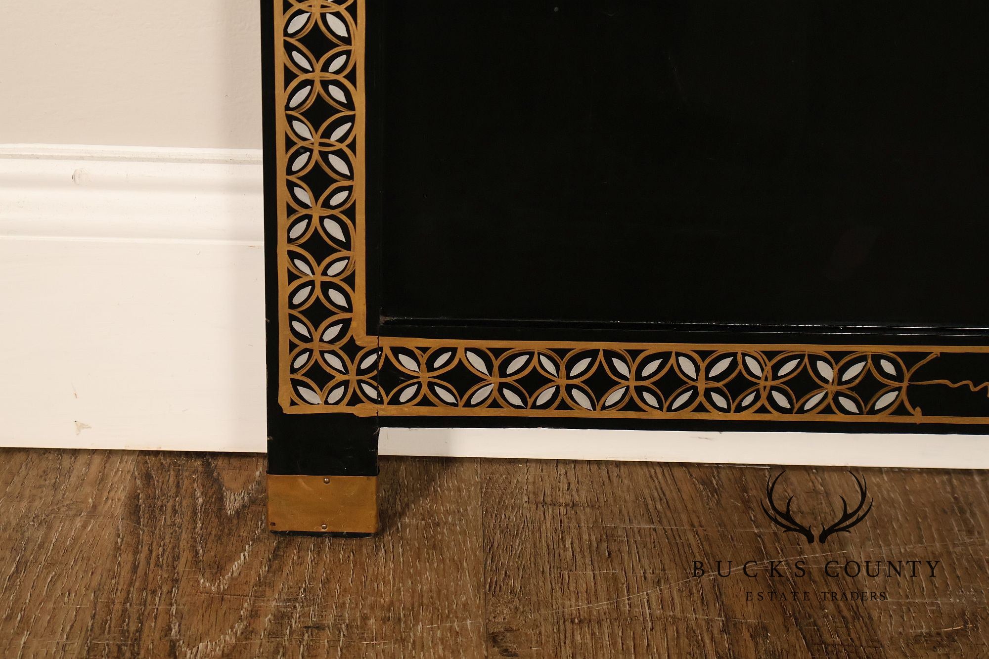 Asian Black Lacquer Vintage Pair Of Four Panel Folding Screens With Mother Of Pearl Inlay