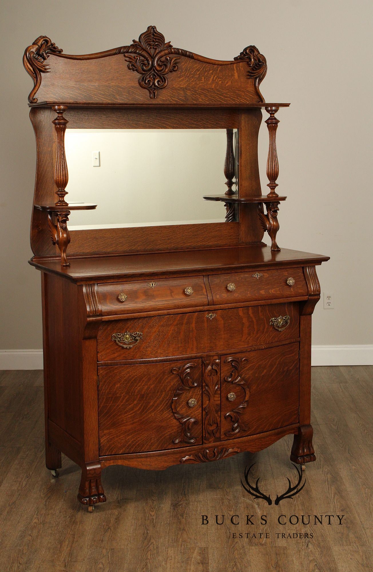 Antique Victorian Renaissance Revival Mirrored Oak Sideboard