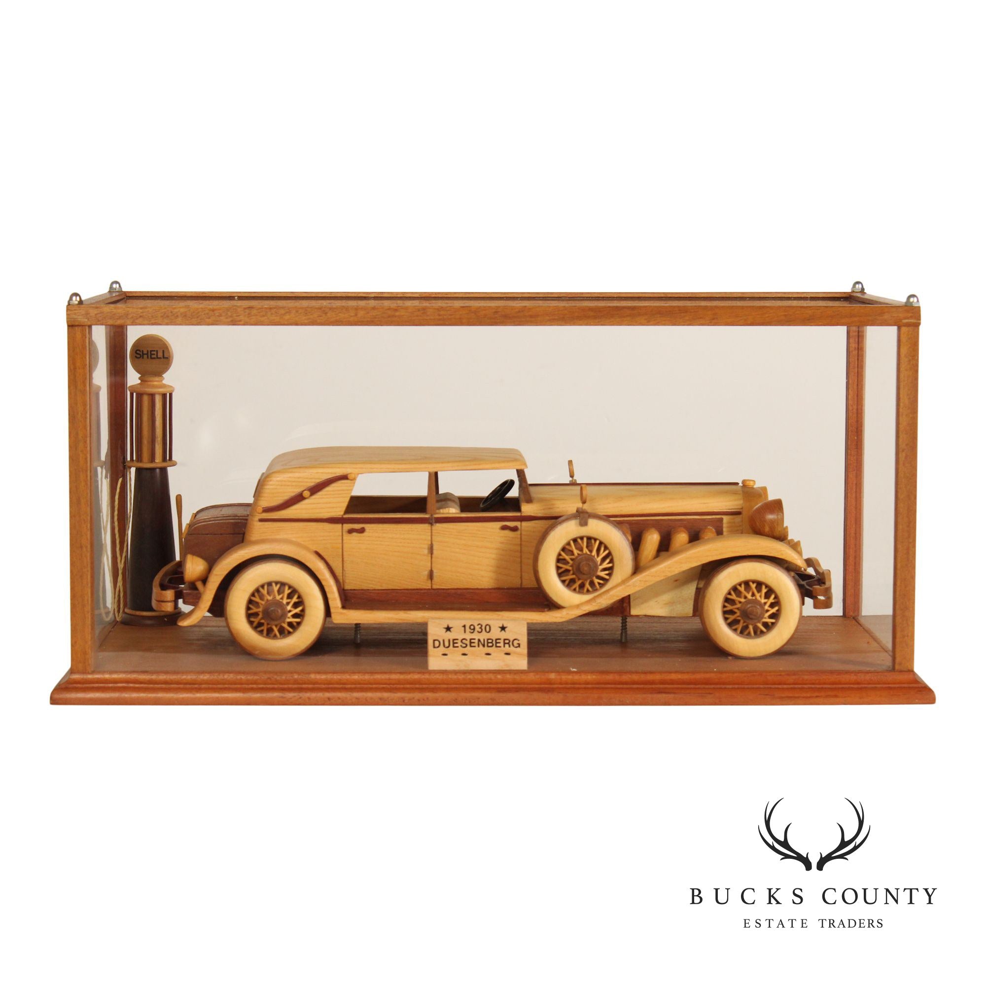 Carved Wood 1930 Duesenberg Model J in Display Case