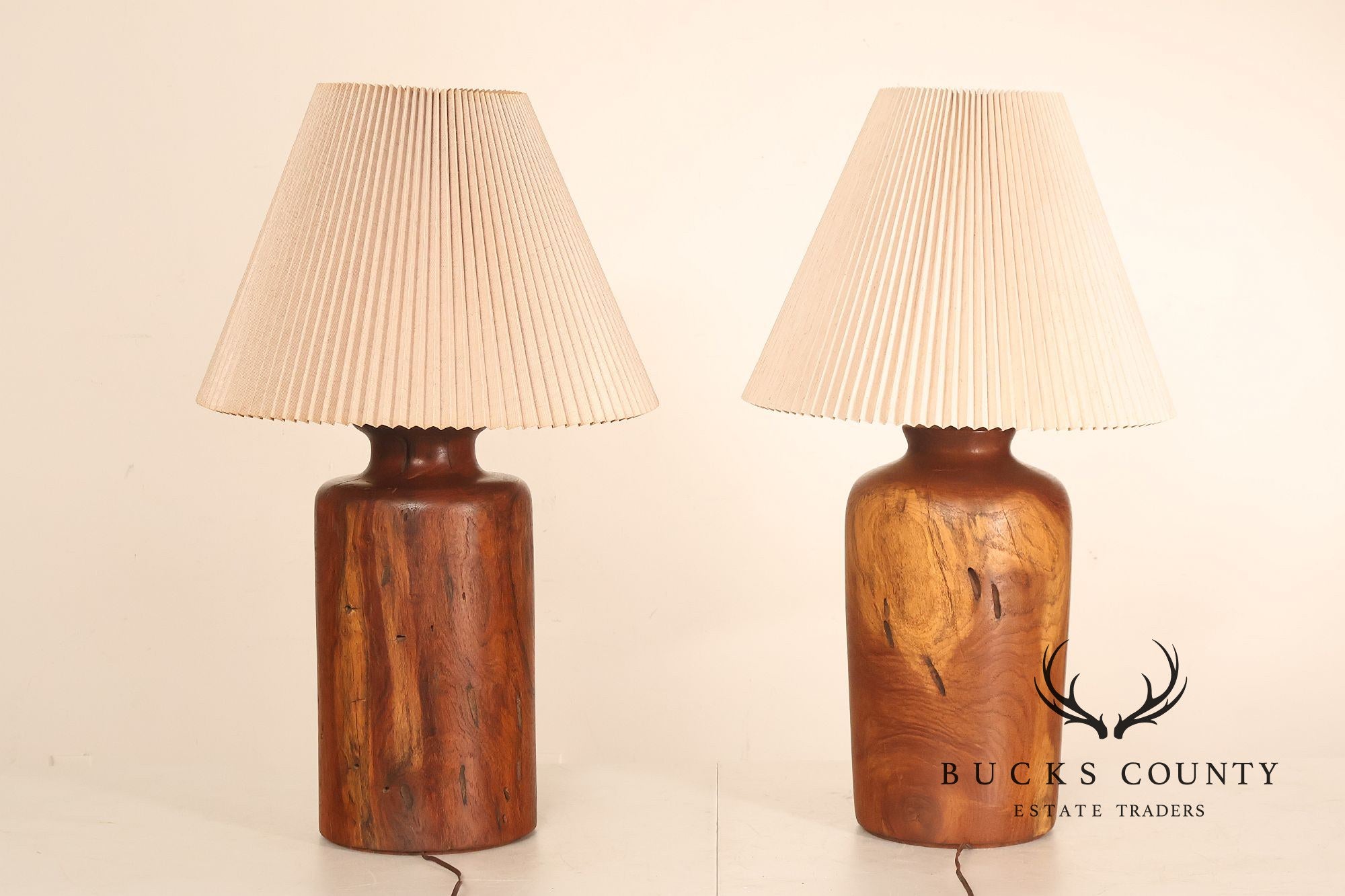 Organic Modern Mid Century Modern Pair of Turned Wood Table Lamps