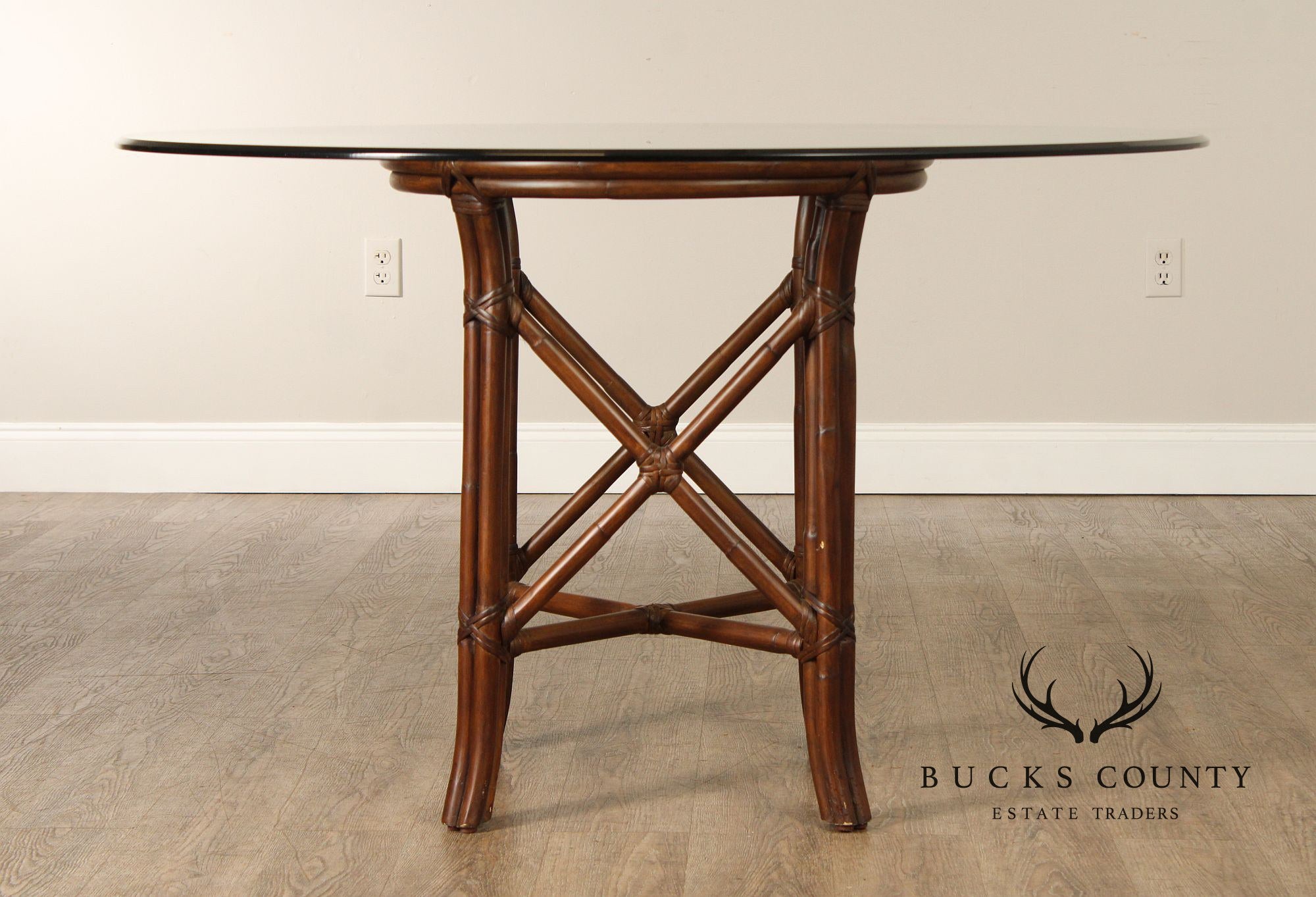 Hollywood Regency Round Glass Top Rattan Dining Table