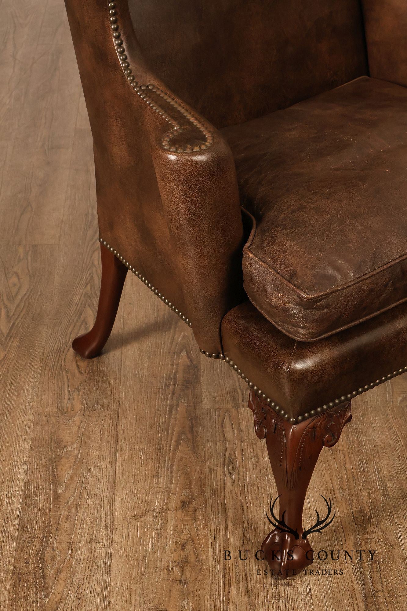 Kittinger Colonial Williamsburg Chippendale Style Pair Leather Wing Chairs