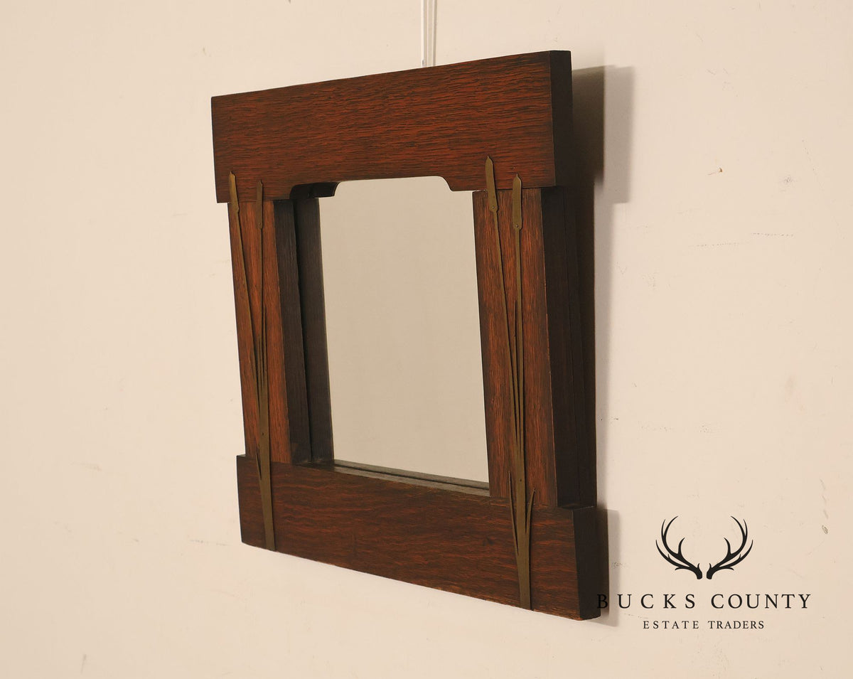 Arts And Crafts Mission Oak Mirror With Brass Cattail Decorative Mounts