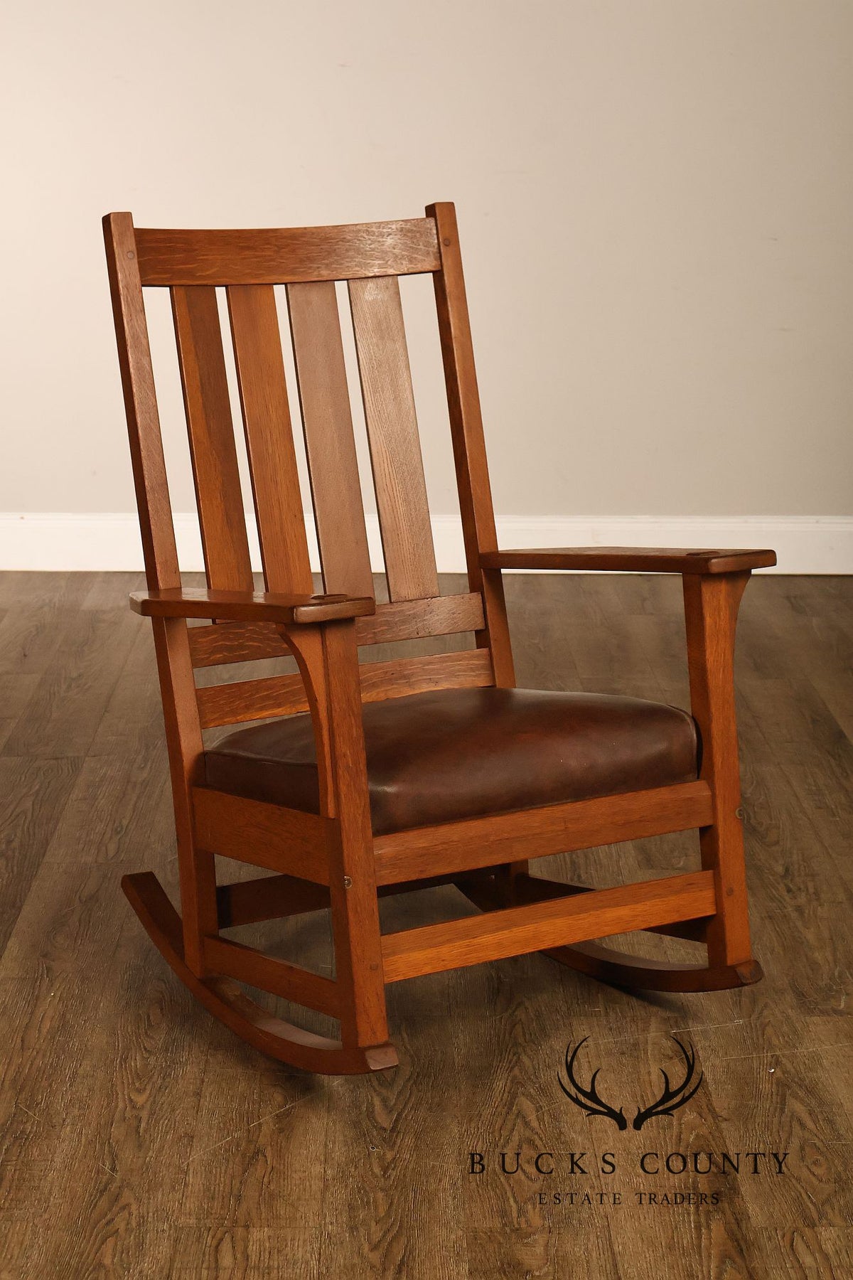 Antique L. & J.G. Stickley Mission Oak Slat Back Rocking Chair
