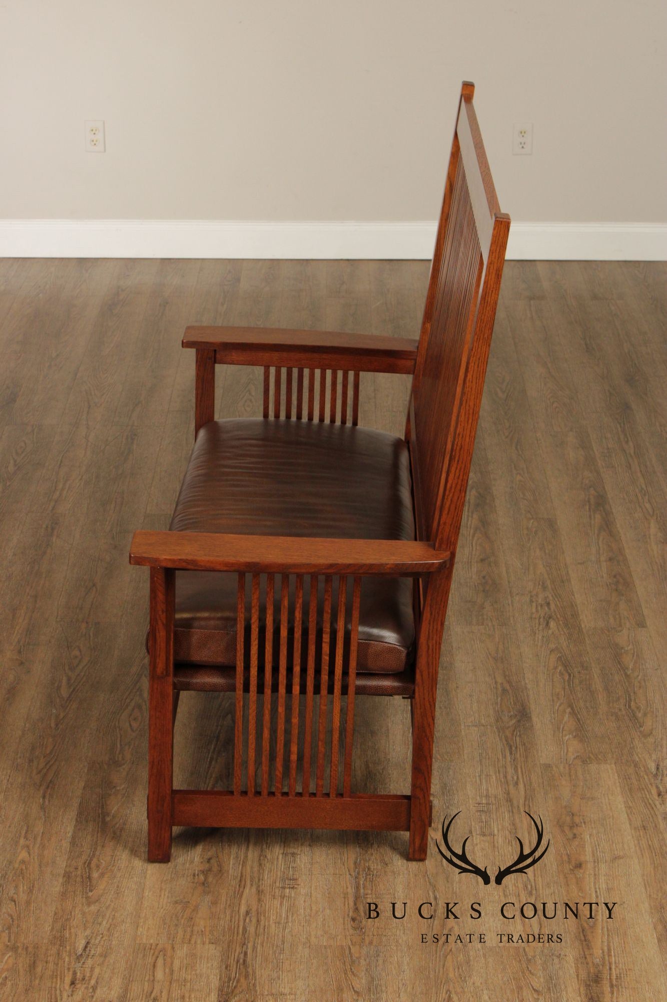 Stickley Mission Collection Oak And Leather Spindle Settee