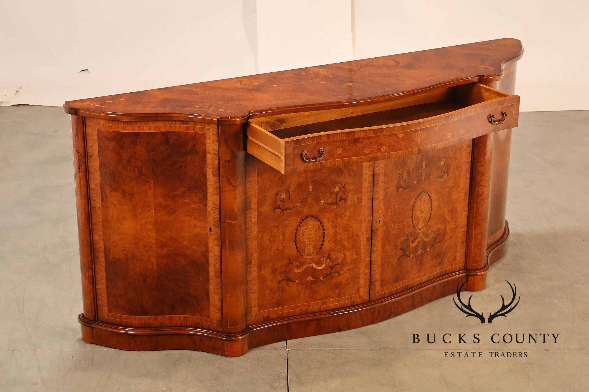 Italian Style Marquetry Inlaid Burl Wood Credenza Sideboard