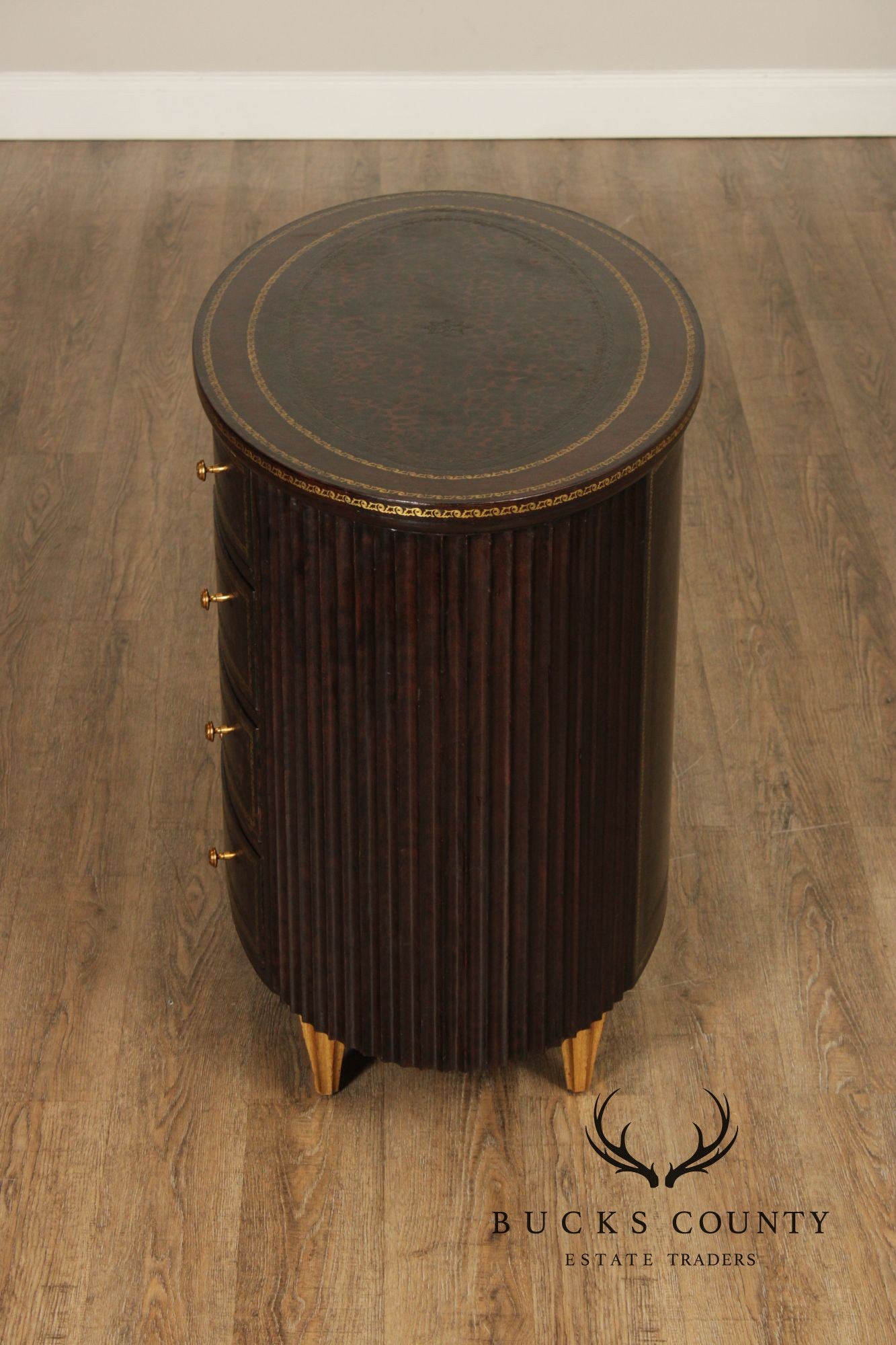 Maitland Smith Leather Wrapped Oval Chest Of Drawers