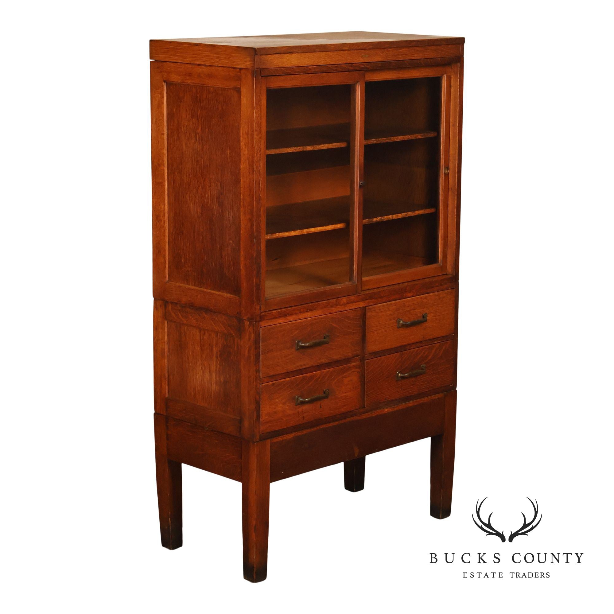 Globe Oak Sectional Bookcase Cabinet With Sliding Glass Doors And Drawers