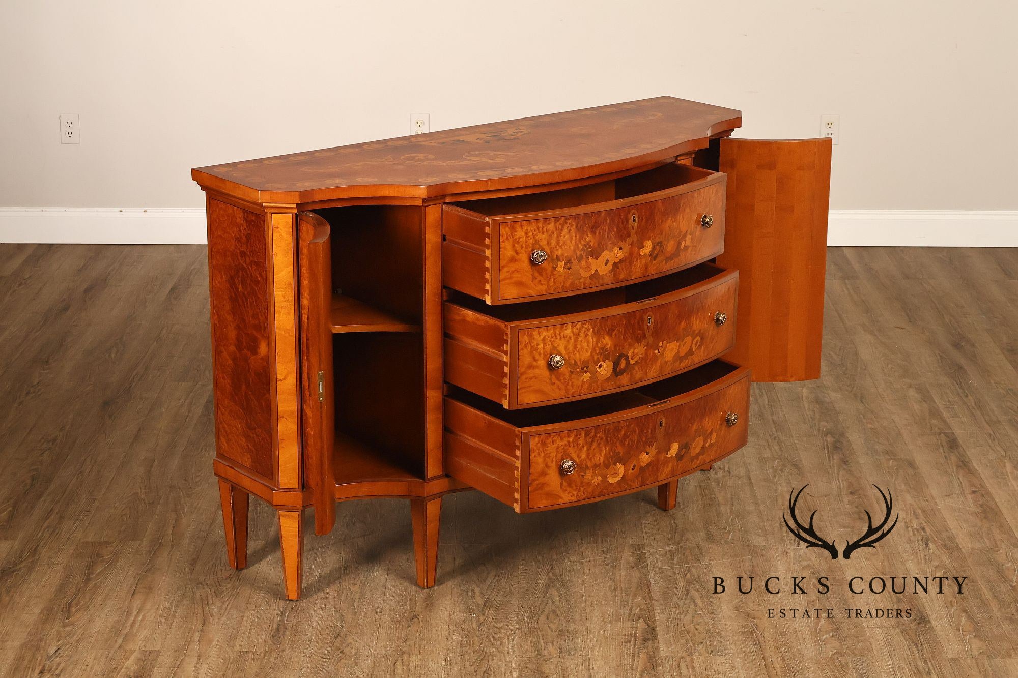 Italian Neoclassical Style Pair of Burl Wood Inlaid Sideboards