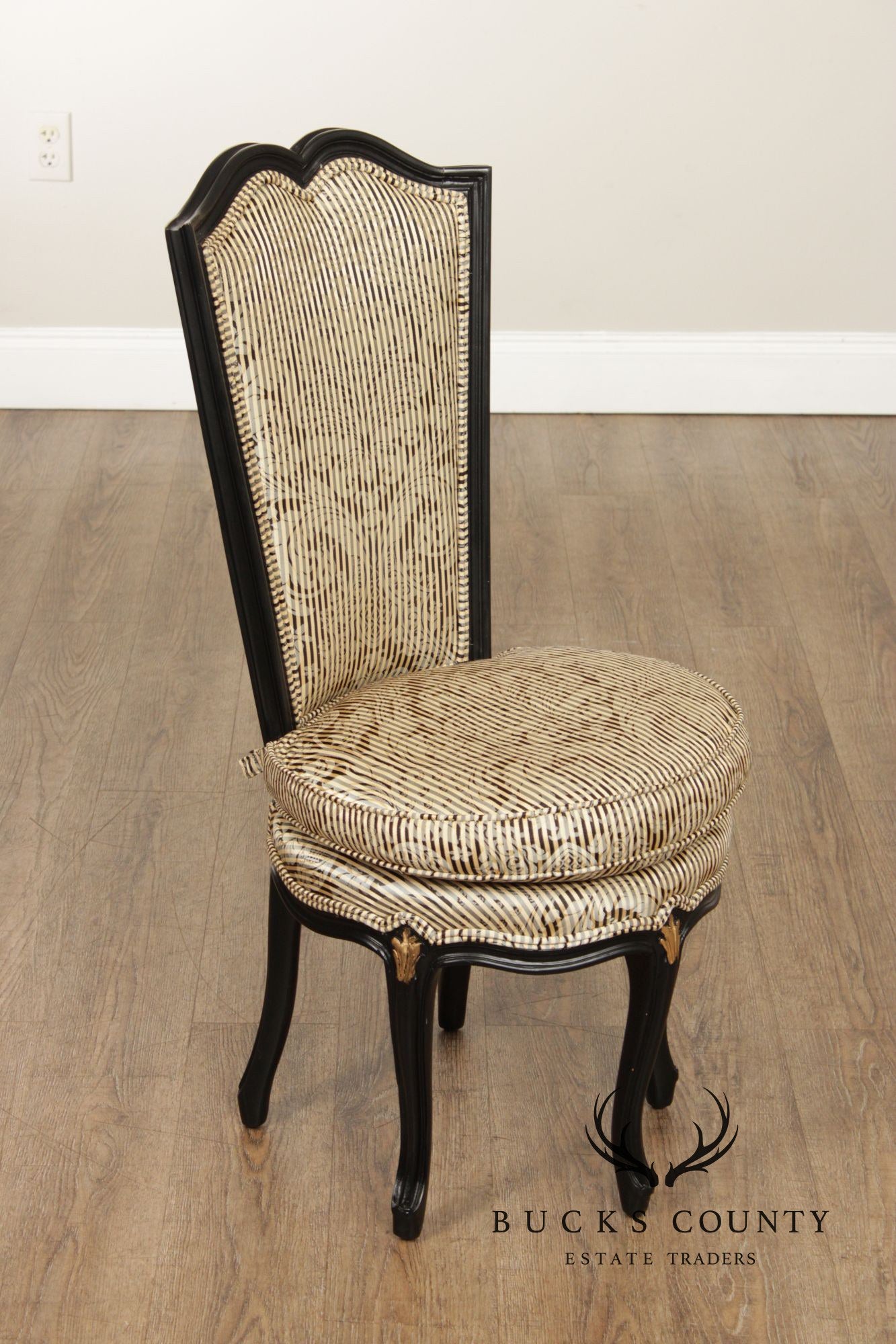 Italian Rococo Style Pair of Ebonized and Partial Gilt Side Chairs