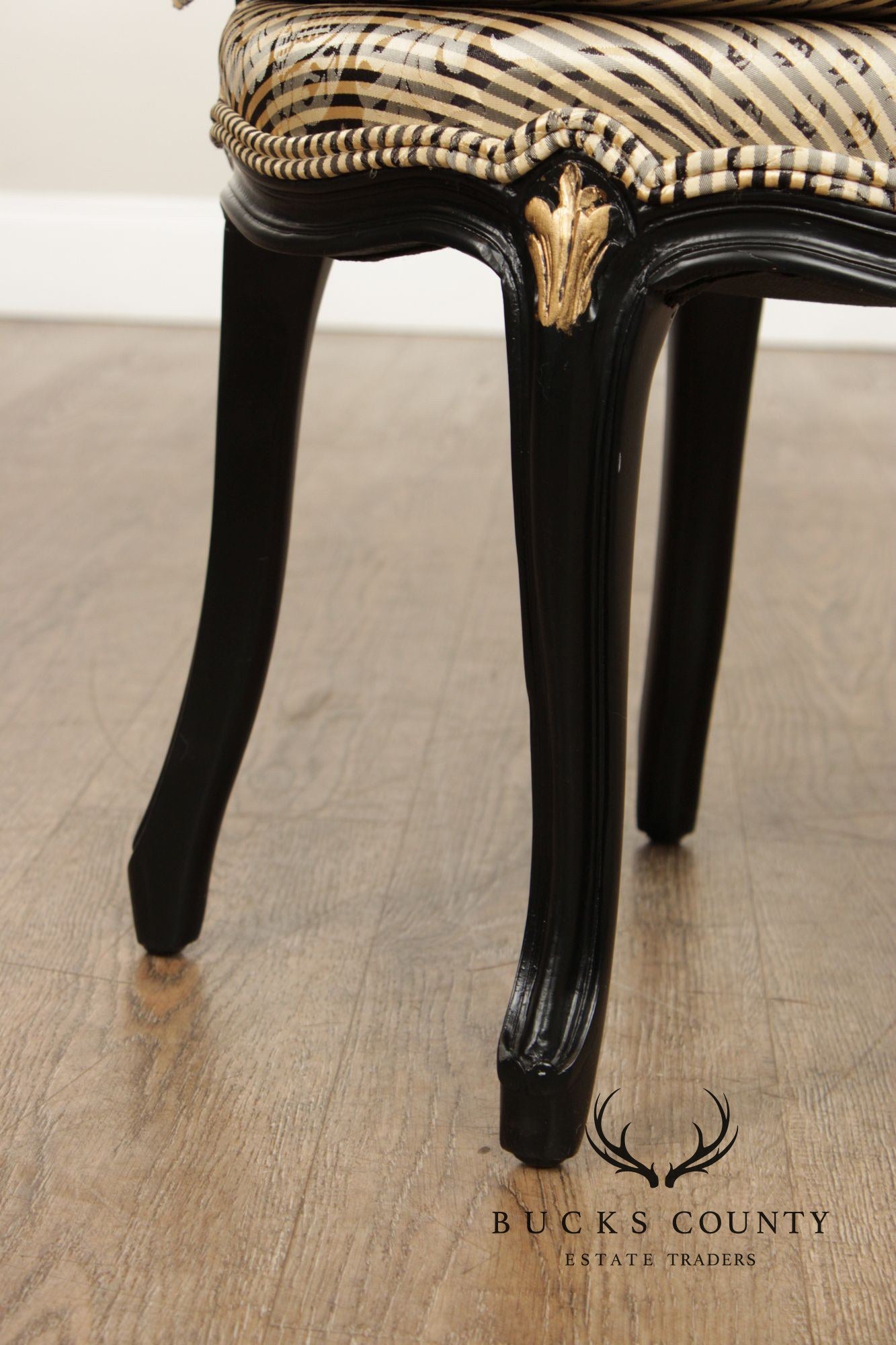 Italian Rococo Style Pair of Ebonized and Partial Gilt Side Chairs