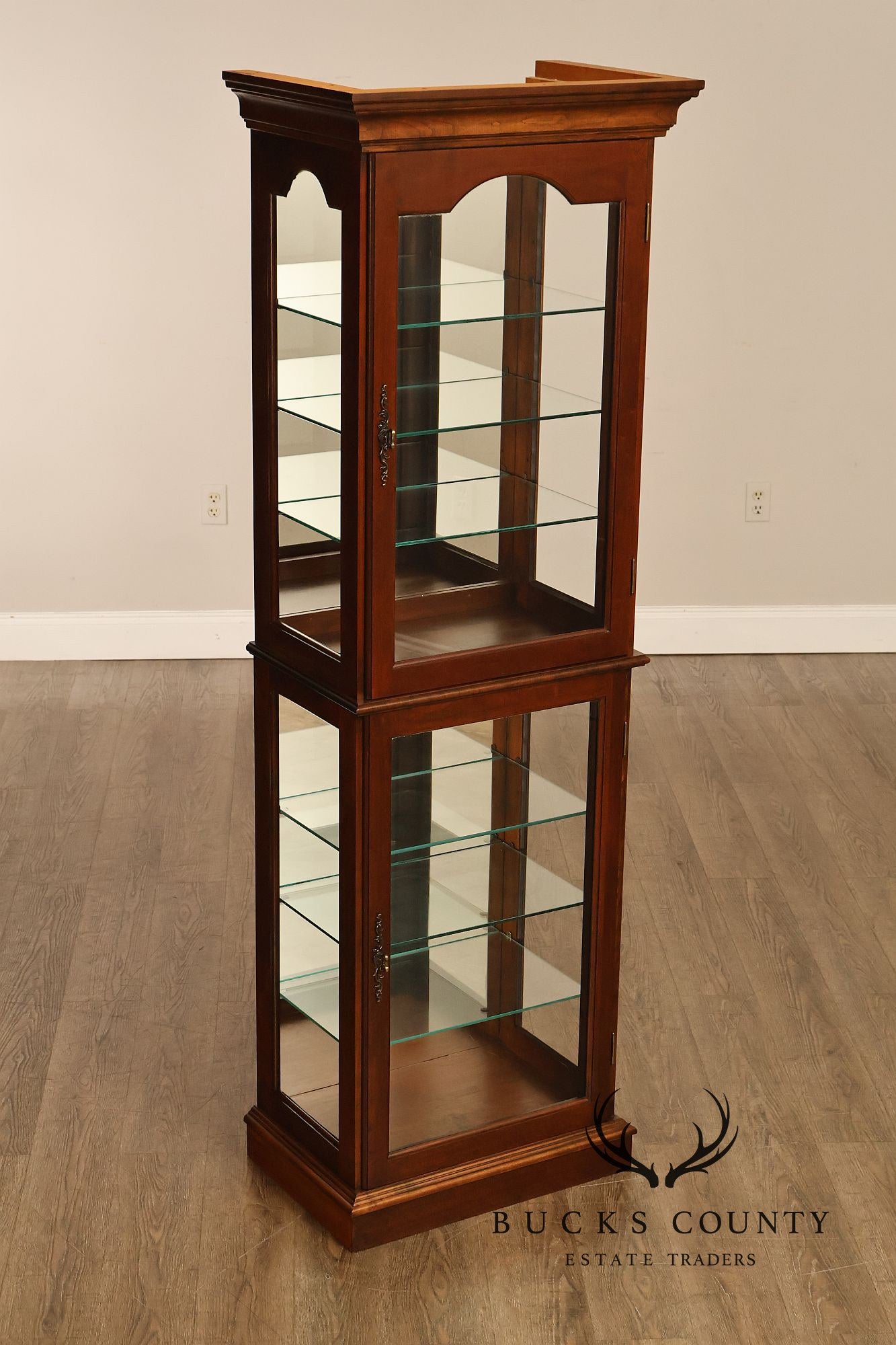 Narrow Cherry Lighted Curio Display Cabinet With Glass Shelves