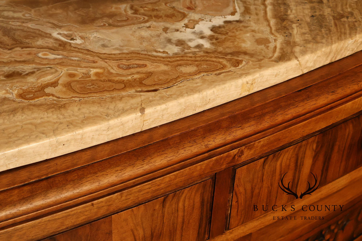 Antique European Art Deco Burl Walnut Marble Top Buffet With Art Nouveau Influence