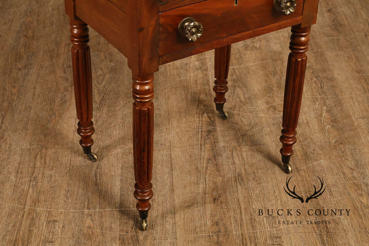 Antique American Sheraton Mahogany Two Drawer Work Table On Casters