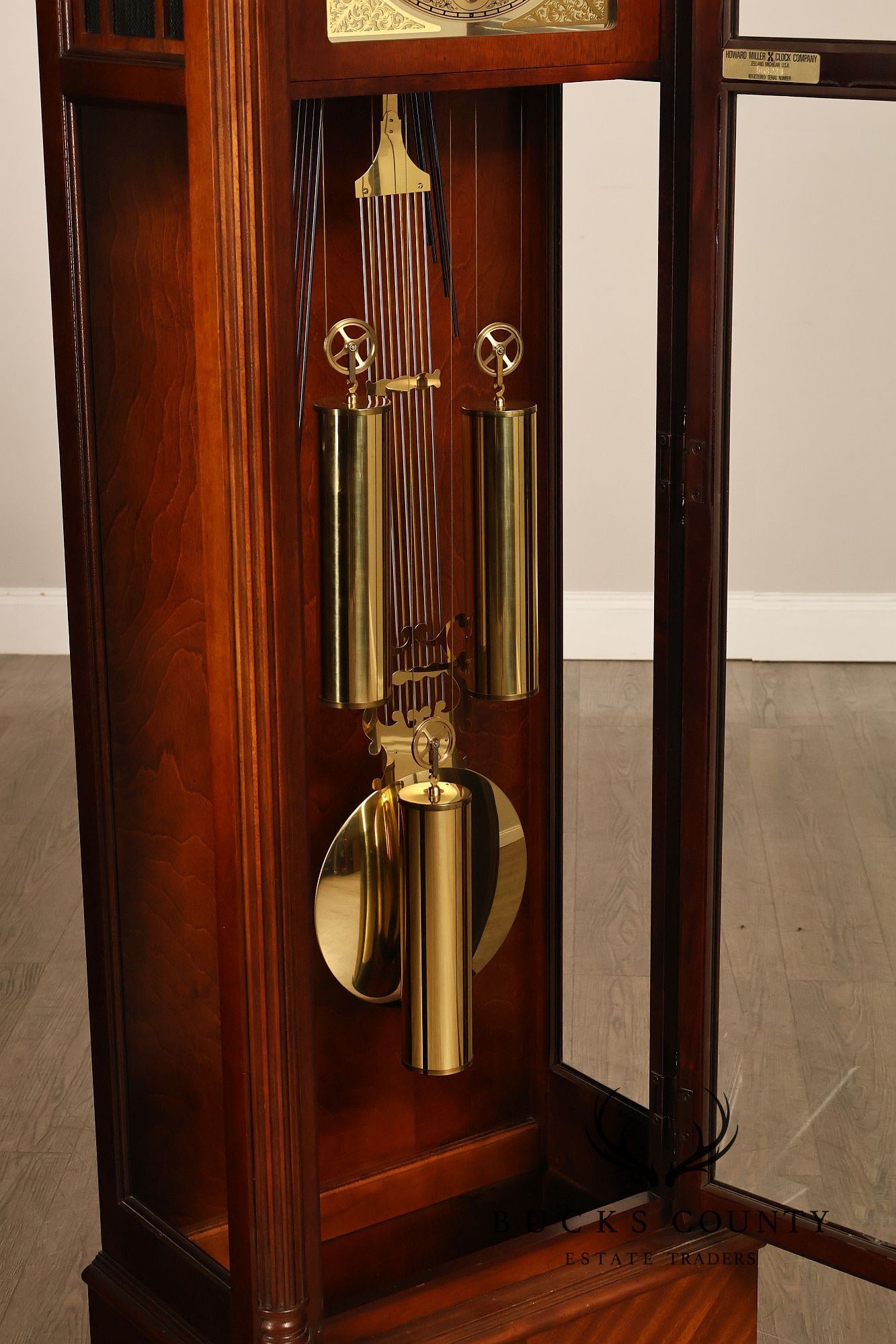 Howard Miller Mahogany Grandfather Clock With Brass Dial And Weights