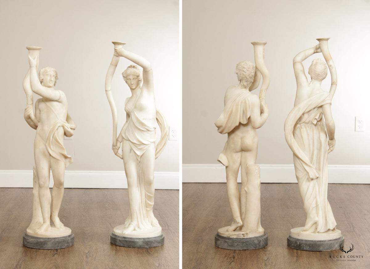 Antique Neoclassical Style Pair Large Carved Marble Figural Statues