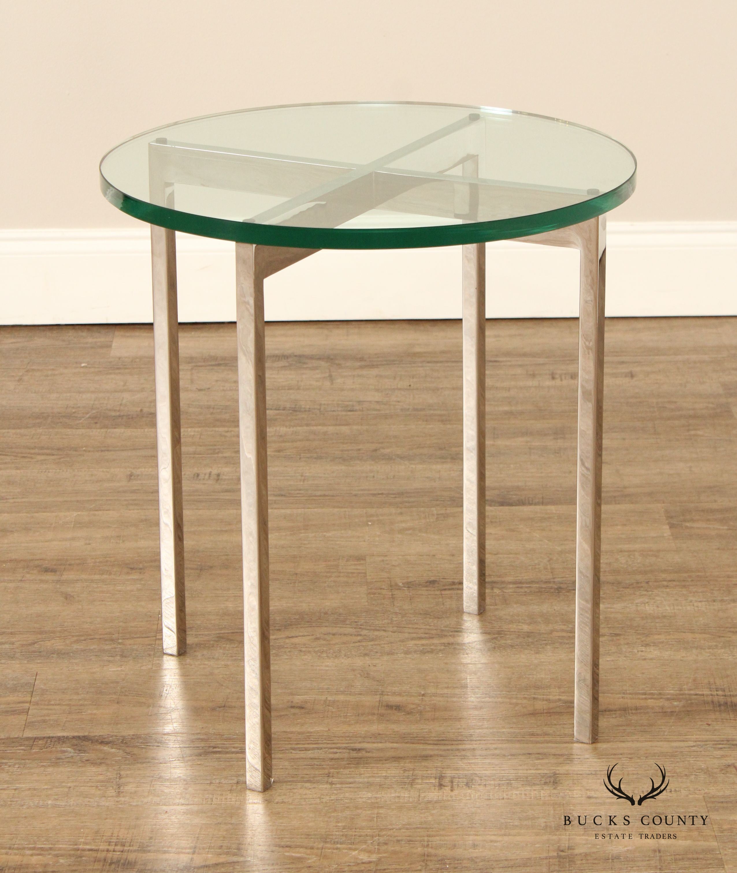 Postmodern Pair of Chrome Frame Round Glass Top Side Tables