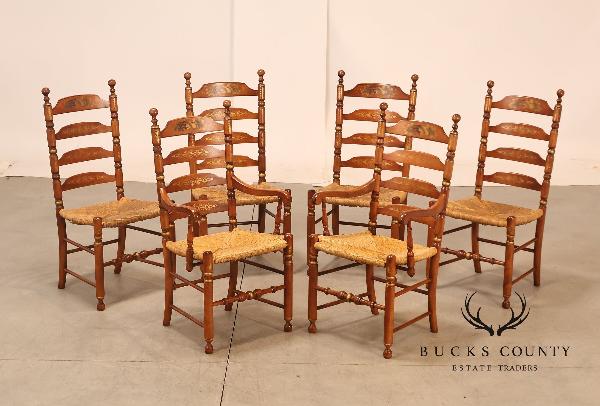 L. Hitchcock Set Of Six Rush Seat Dining Chairs with Stenciled Back