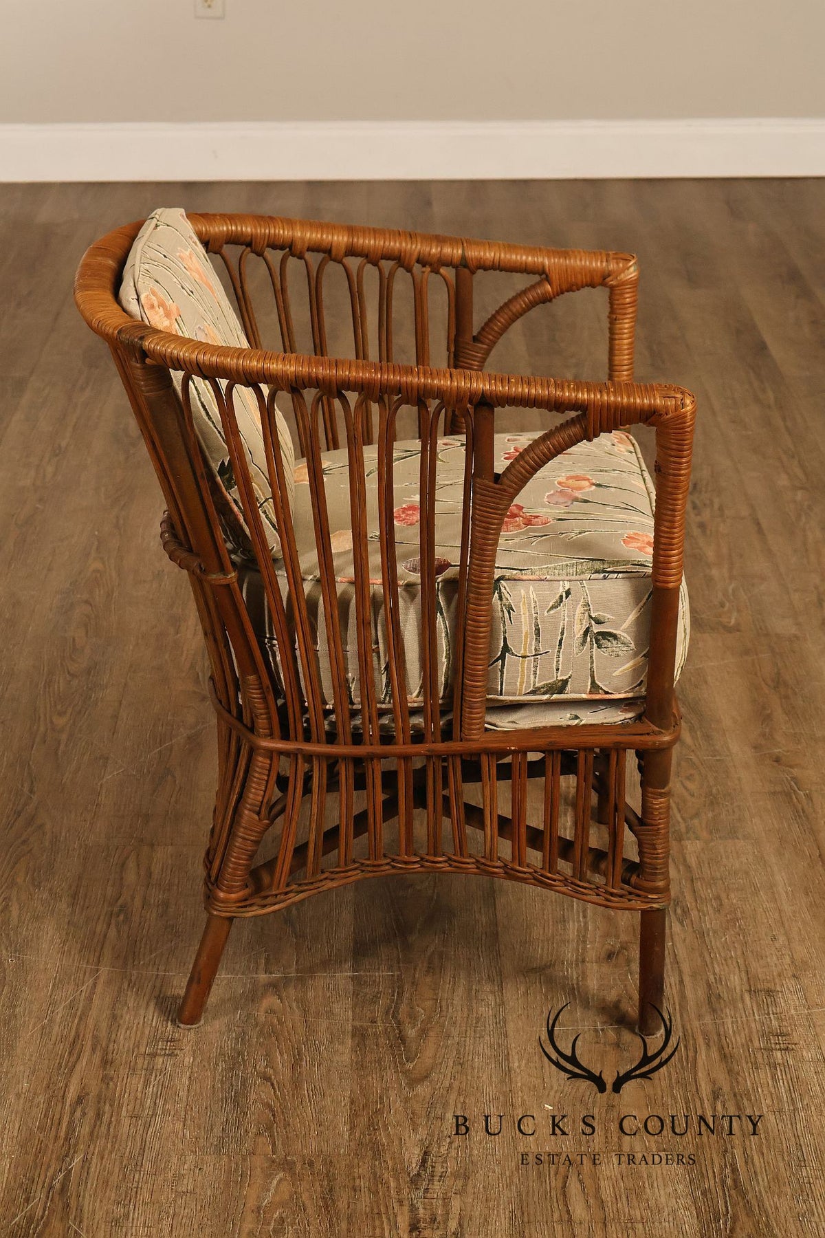 Antique Set Of Four Split Reed Rattan Armchairs With Floral Cushions